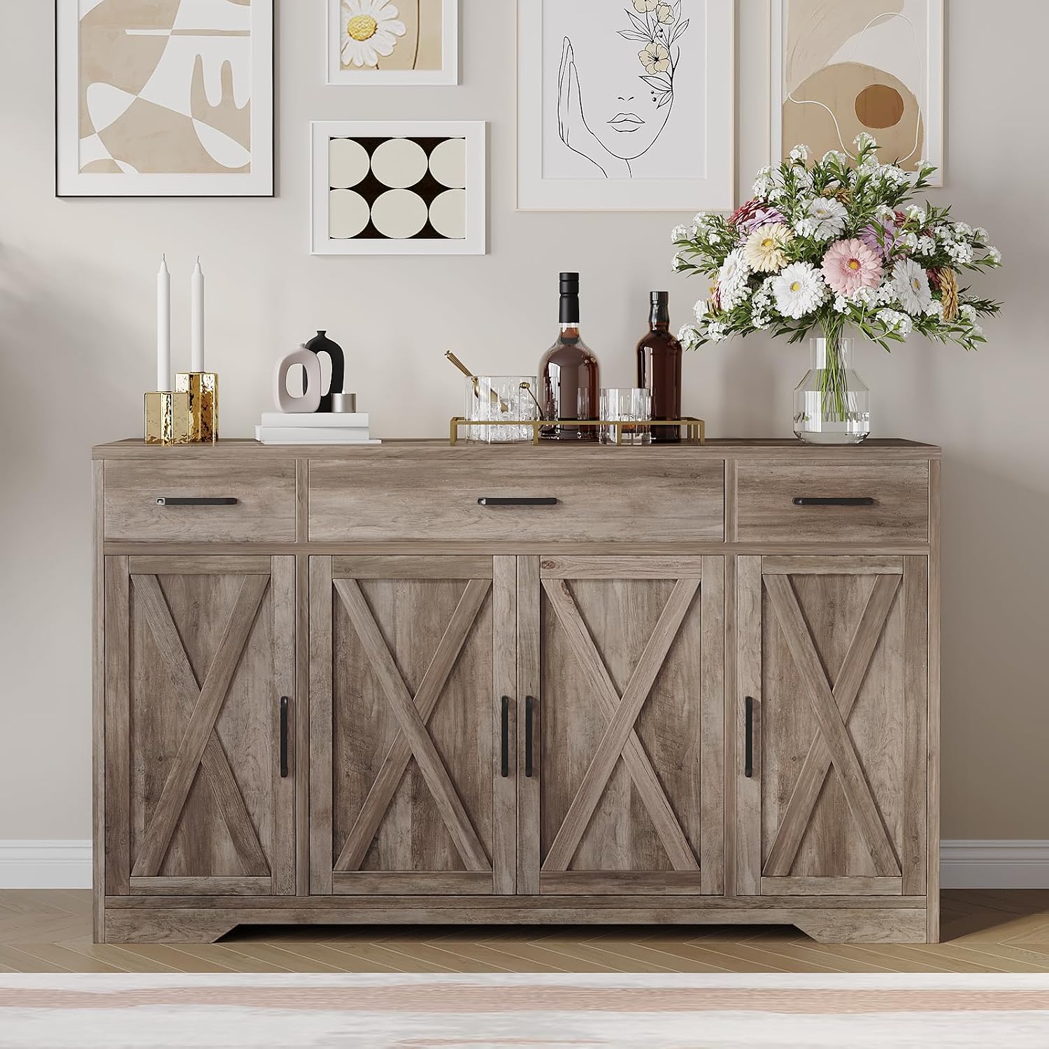Garvee 55 in Large Buffet Sideboard Cabinet with Storage 4 Doors and 3 Drawers Kitchen Storage Cabinet Coffee Bar Buffet Table for Dining Room, Living Room, Adjustable Shelf