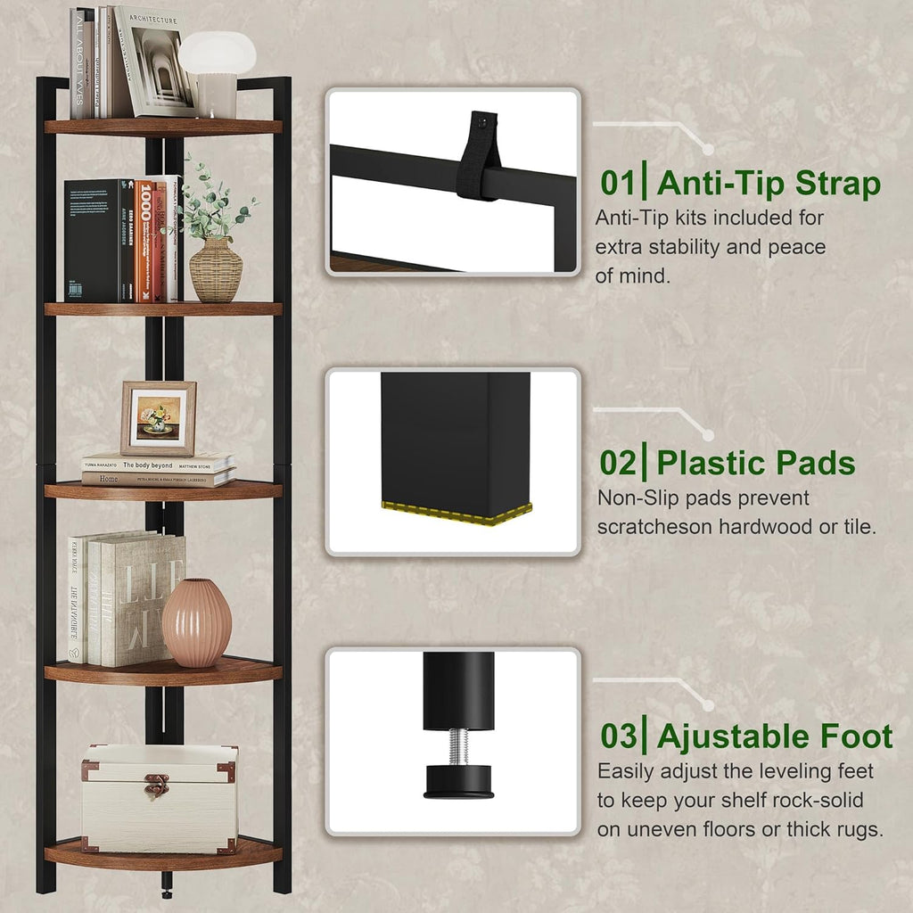 FATORRI Tall Corner Shelf, Industrial Corner Bookshelf, Wood and Metal Corner Shelf Stand for Living Room, Rustic Display Plant Stand for Home Office (Medium Walnut)
