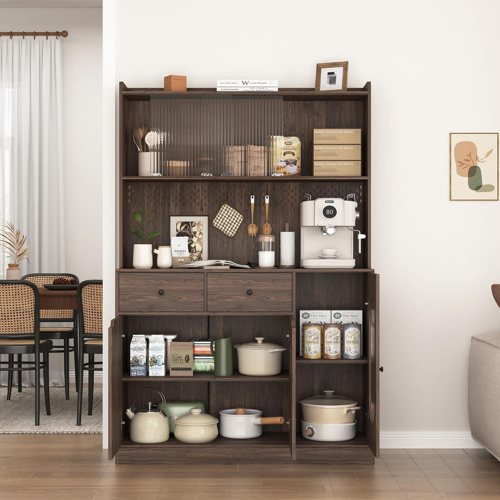 71' Tall Kitchen Pantry Storage Cabinet, Large Capacity Display Cabinet with Reeded Glass Doors and Microwave Stand, Bakers Racks with Storage for Kitchens, Pantry, Living Room