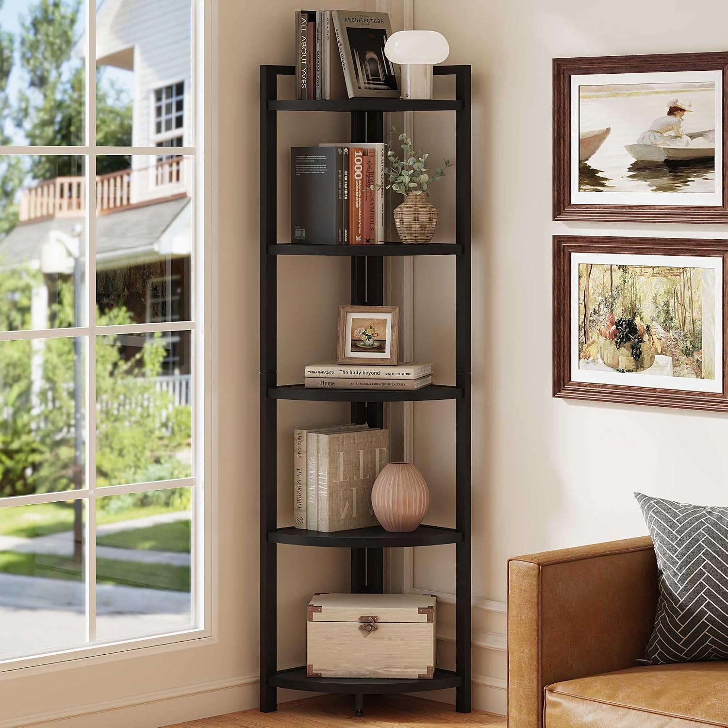 FATORRI Rustic Tall Corner Shelf, 5 Tier Industrial Corner Bookshelf for Living Room, Dark Wood and Metal Corner Plant Stand for Balcony (Black)