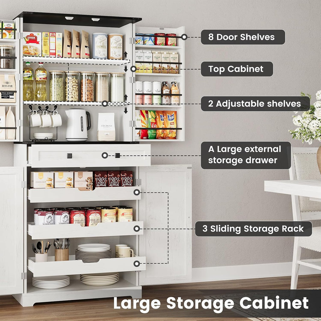 72' Kitchen Pantry Cabinet, Pantry Storage Cabinet with 8 Door Shelves and 3 Pull Out Shelves, Tall Pantry Cabinet with Adjustable Shelf and Large Drawer, Farmhouse Food Kitchen Hutch, For Dining Room