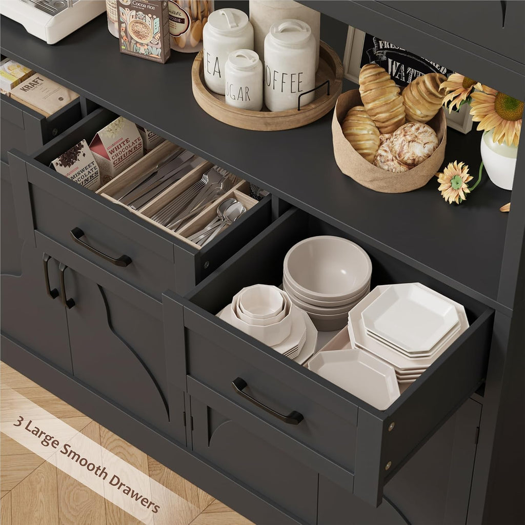 HITHOS 76' Tall Kitchen Pantry Storage Cabinet, 55' Wide Kitchen Hutch Cabinet with Storage Drawers, Large Food Pantry with Microwave Stand, Modern Cupboard with Hutch for Dining Living Room, Black