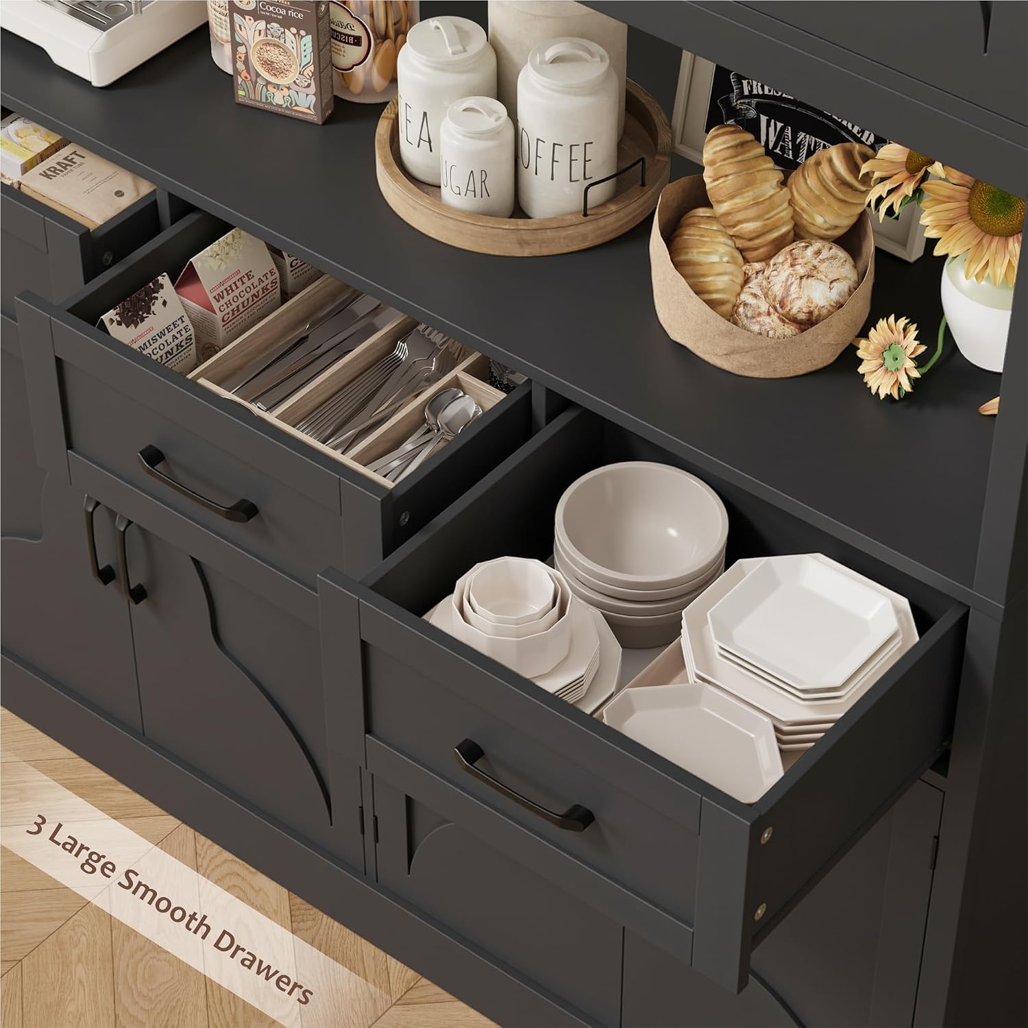 HITHOS 76' Tall Kitchen Pantry Storage Cabinet, 55' Wide Kitchen Hutch Cabinet with Storage Drawers, Large Food Pantry with Microwave Stand, Modern Cupboard with Hutch for Dining Living Room, Black