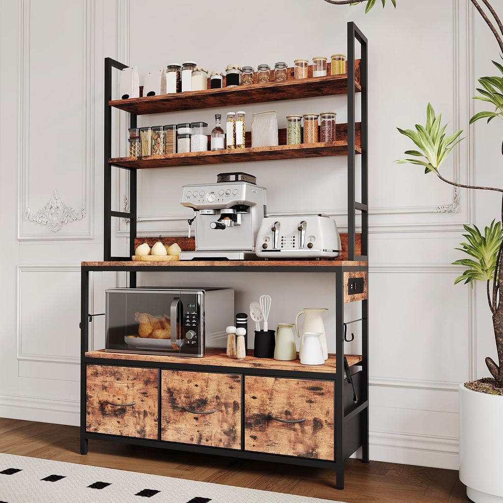 IDEALHOUSE 5 Tier Kitchen Bakers Rack with Charging Station & Drawers, Industrial Microwave Oven Stand, Freestanding Farmhouse Coffee Bar Station Utility Shelves with Hooks, Vintage Brown