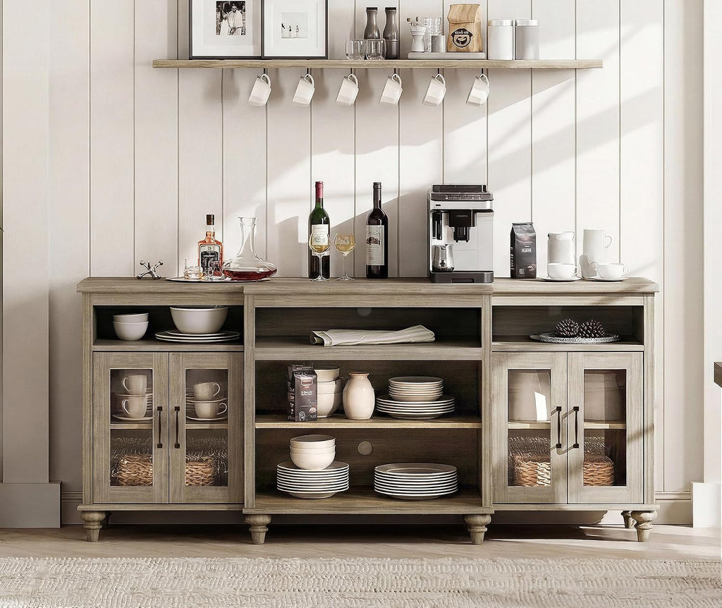 WAMAPT Buffet Cabinet with 4 Glass Doors, Large Coffee Bar Tables Wood Kitchen Storage Cabinets with 9 Storages, Modern Farmhouse Sideboard Credenza, Wash Gray, 70 inch