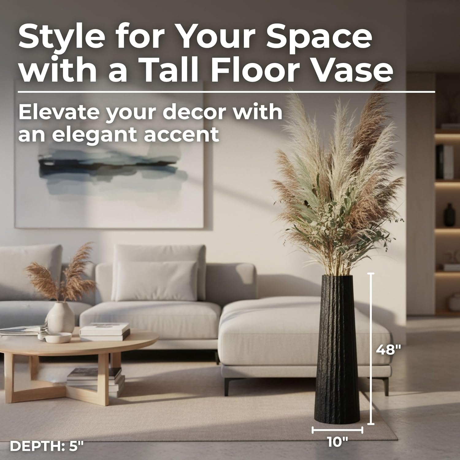 Aluminum Decorative Vase – Floor Flower Holder for Tall Arrangements, Entryway or Living Room Placement, Home Decor with Ribbed Modern Vase Design for Sculptural Impact – 48', Black