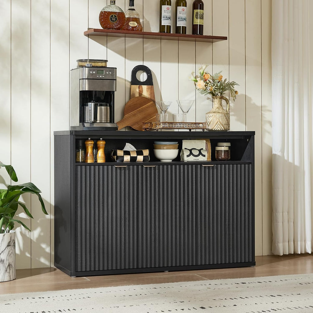 LEYAOYAO Fluted Buffet Cabinet with Storage, 45' Wide Wood Sideboard Credenza with 3 Doors & Open Storage Shelf, Modern Kitchen Console Accent Cabinets, Coffee Bar Table for Dining Room, Black Oak