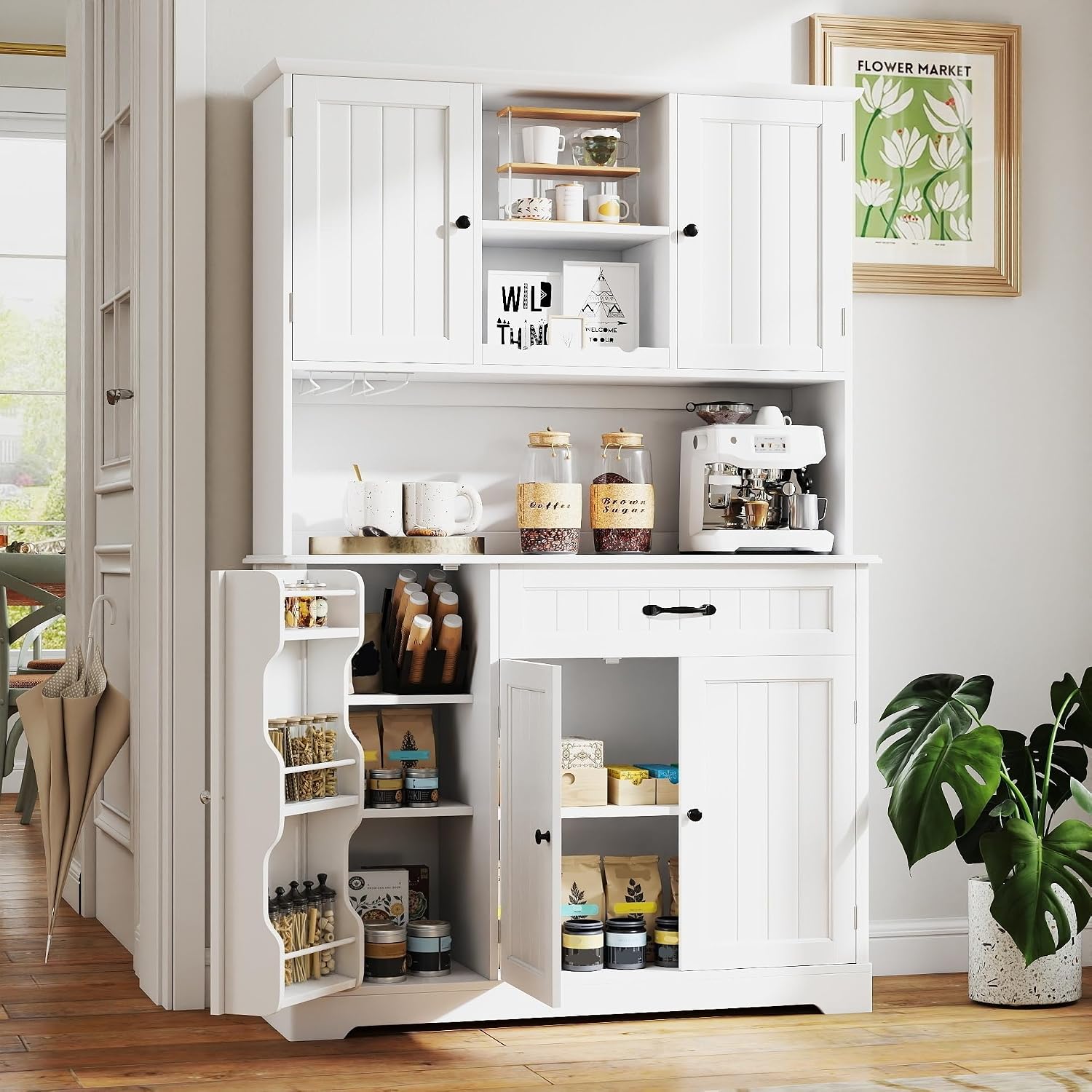 Gizoon Tall Kitchen Storage Cabinet with Door and Shelves, 67' Kitchen Pantry Cabinet Large Coffee Bar Hutch with Storage for Dining Room, Painted White