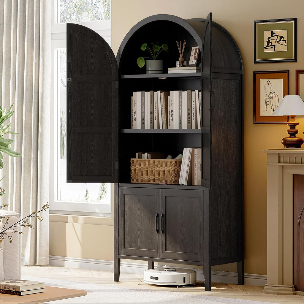 ONBRILL 71' Tall Wooden Arched Cabinet, 5-Tier Arched Kitchen Pantry Cabinet with Doors & Shelves, Farmhouse Kitchen Arch Cabinets with Adjustable Feet, Wooden Pantry Storage for Dining Room(Black)