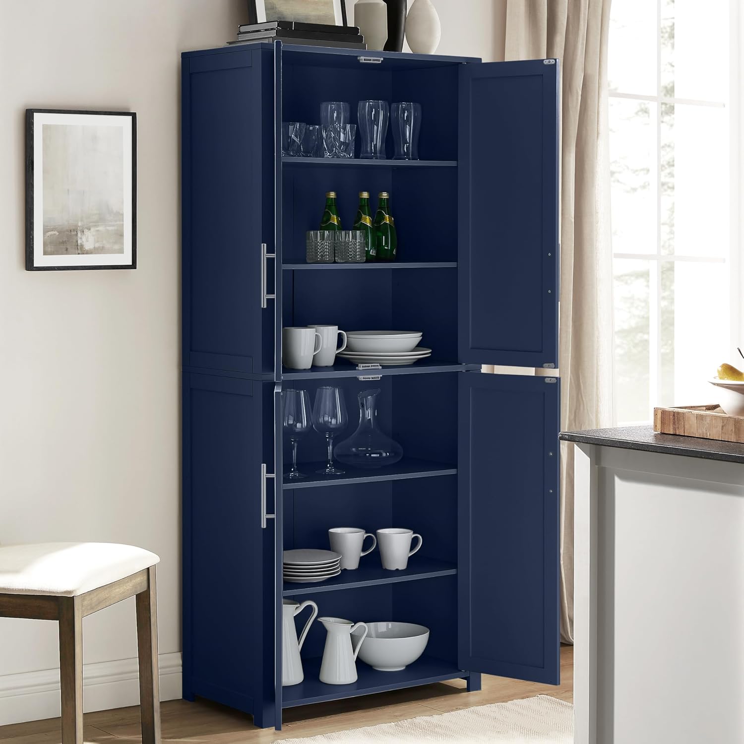 Crosley Furniture Savannah Tall Pantry Storage Cabinet with Shelves, Kitchen, Dining, or Laundry Room, Navy