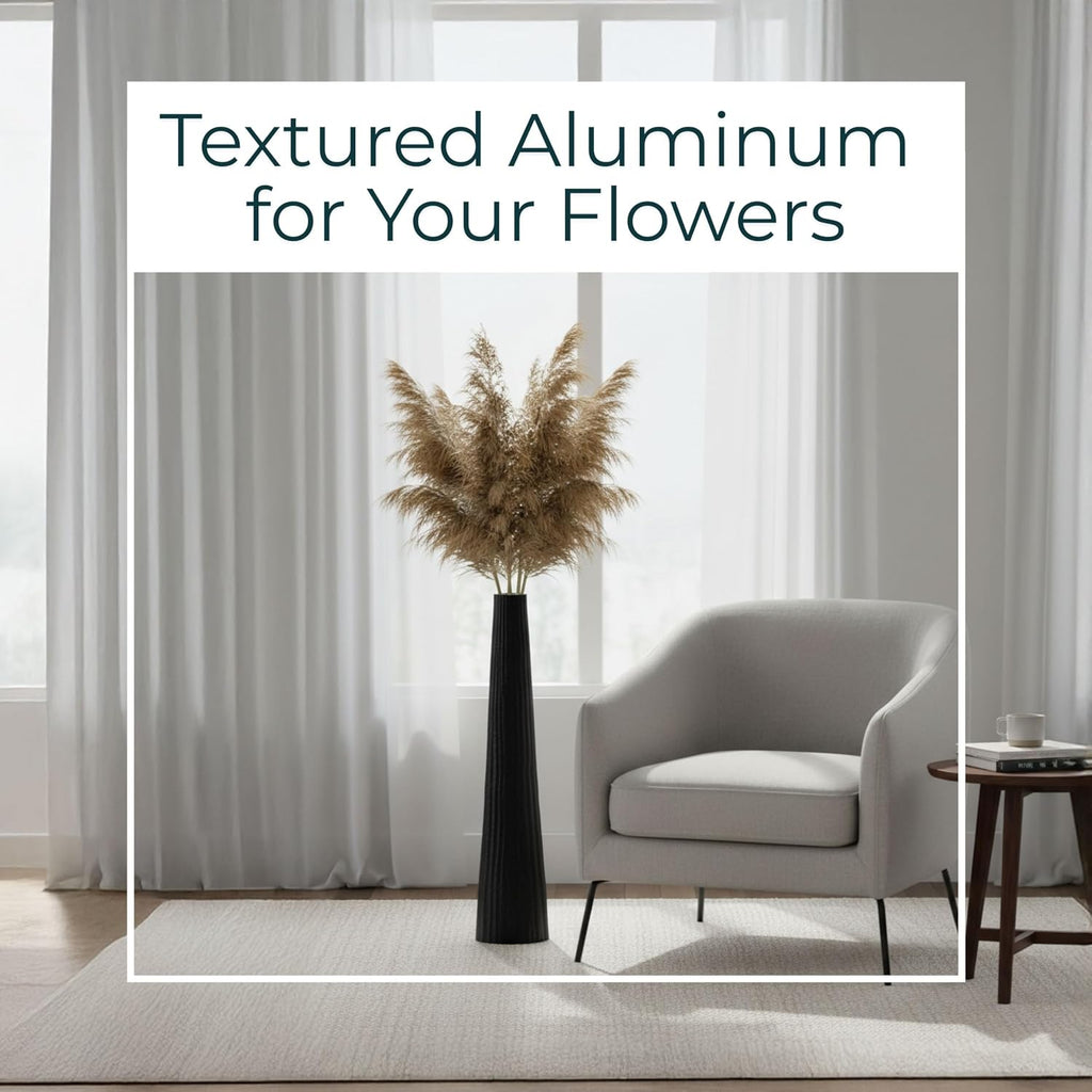 Aluminum Decorative Vase – Floor Flower Holder for Tall Arrangements, Entryway or Living Room Placement, Home Decor with Ribbed Modern Vase Design for Sculptural Impact – 48', Black