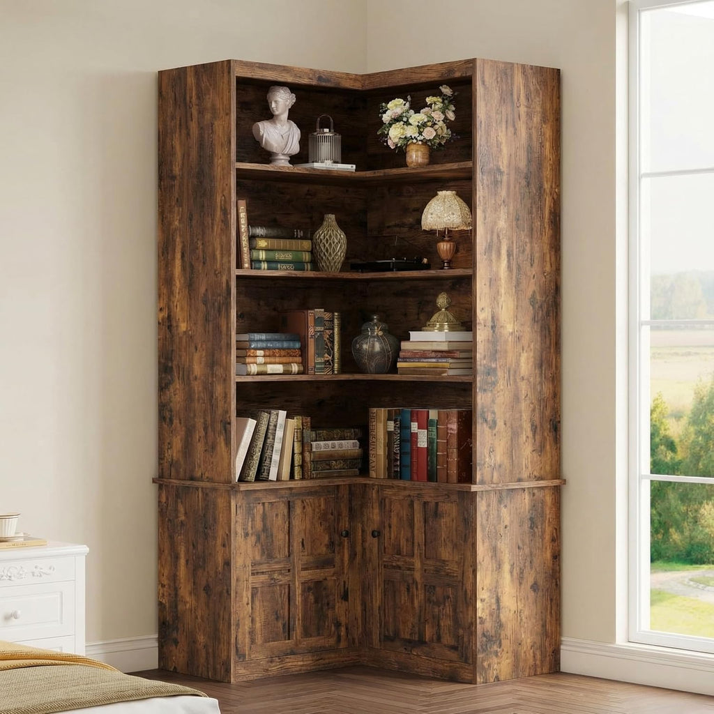 IRONCK Corner Bookshelf with Doors, 6-Tier Tall Corner Bookcase with Storage Cabinet, L-Shaped Corner Shelf for Living Room, Home Office, Vintage Brown