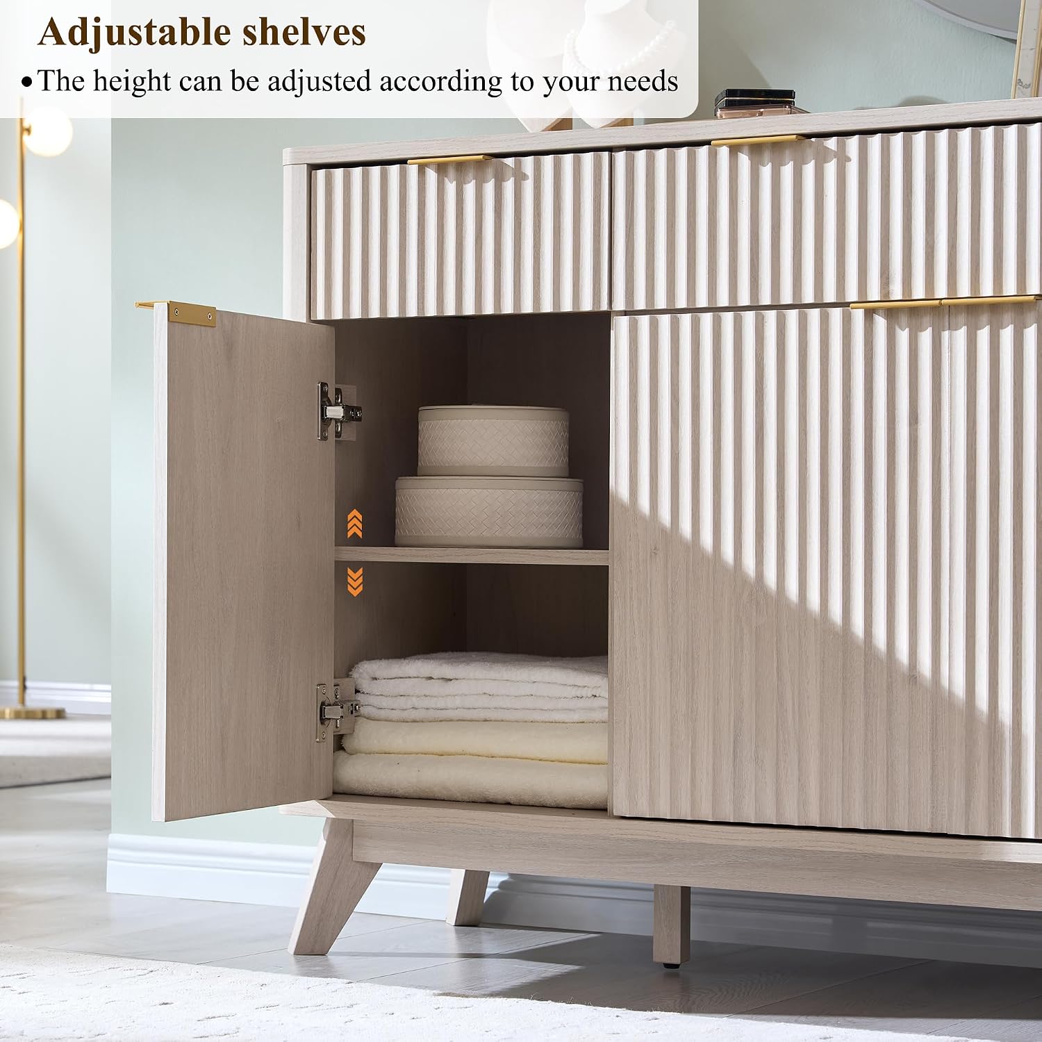 OKD Fluted Storage Cabinet with Drawers, 60' Morden Buffet Sideboard Coffee Bar Cabinet with 4 Doors and 3 Drawers for Dining Room, Living Room,Hallway (White Alder)