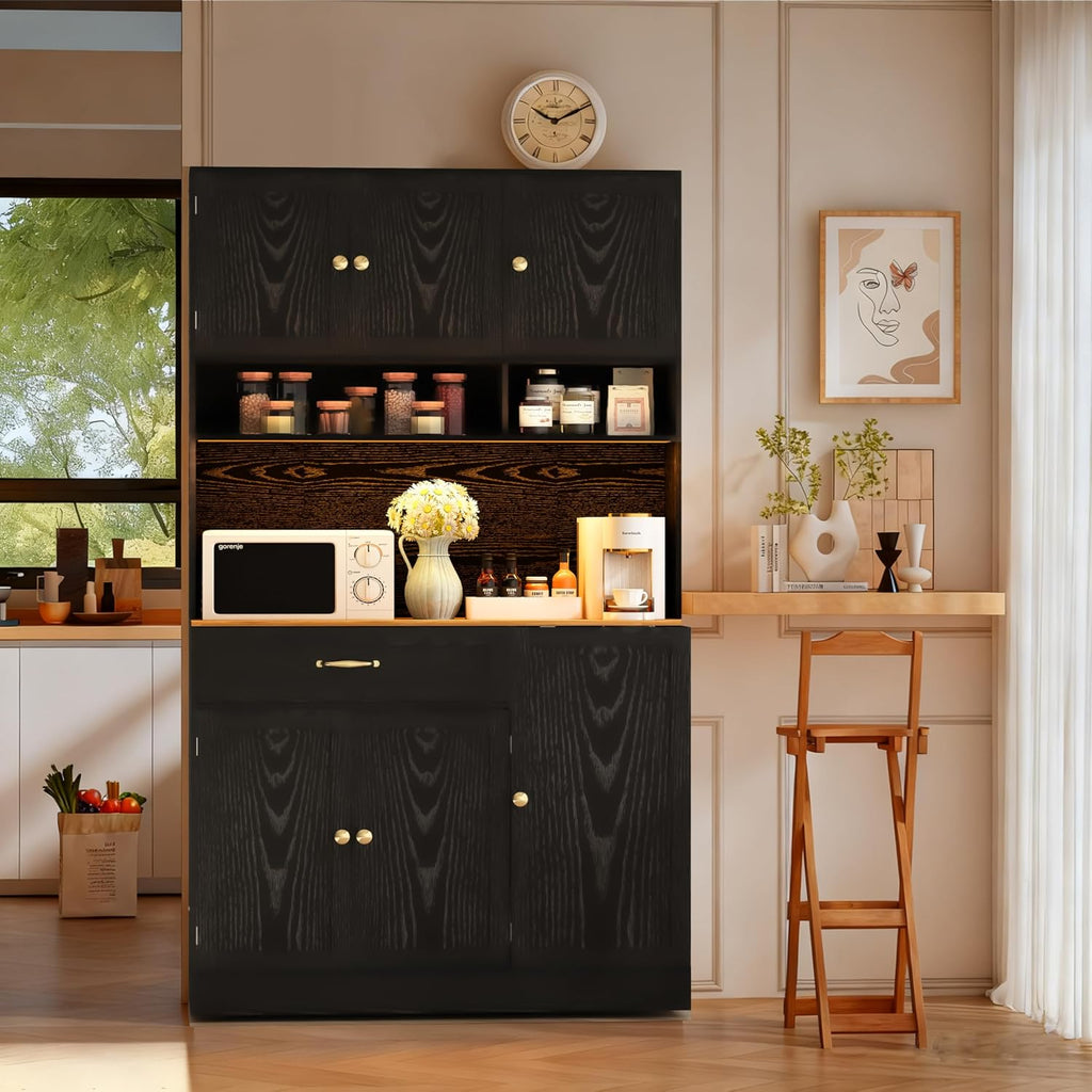 FJTJBSI 72' Kitchen Pantry Cabinet with LED Light and Charging Station Tall Pantry Storage Cabinet with Adjustable Shelves and Door Shelves Modern Kitchen Hutch with Countertop Black