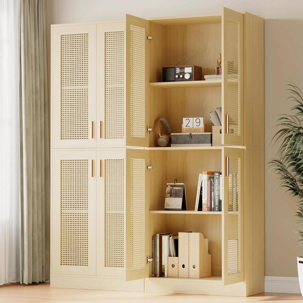 Cozy Castle Kitchen Pantry Cabinet, 71' Tall Rattan Doors Storage Cabinet and Adjustable Shelves, Modern Farmhouse Wood Cupboard Utility Hutch for Kitchen, Dining Room, Living Room (Oak)