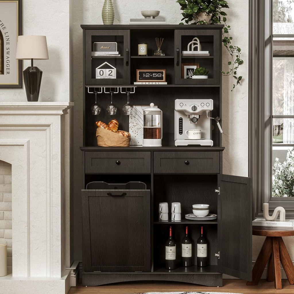 Tilt Out Trash Cabinet, Kitchen Pantry Storage Cabinets with Adjustable Shelves and Drawers, Wooden Freestanding Cabinet Trash Cans for Kitchen Living Room Dining Room, Black, 13 Gallons