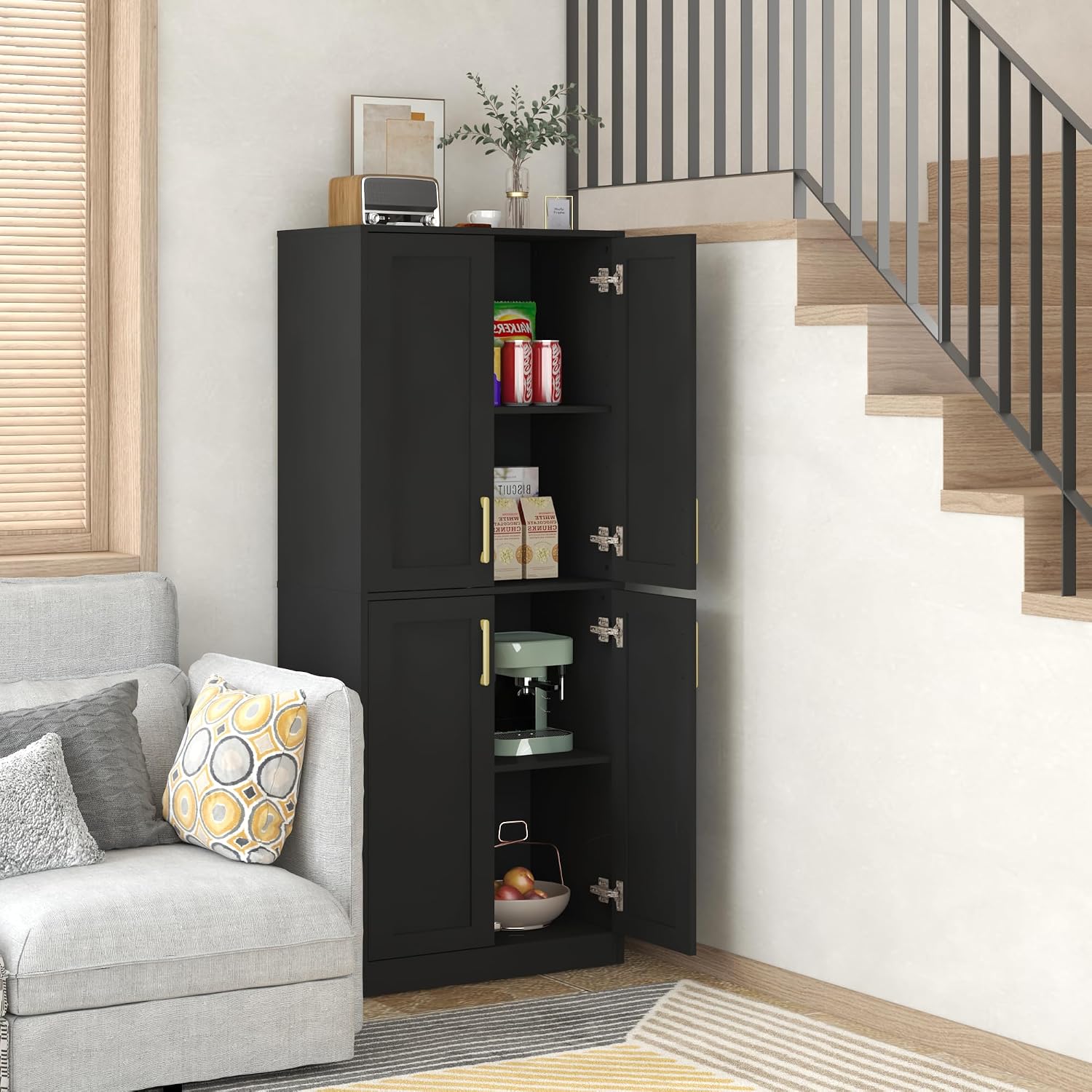Tall Storage Cabinet with Doors & Shelf for Bathroom, Living Room, Entryway - Black