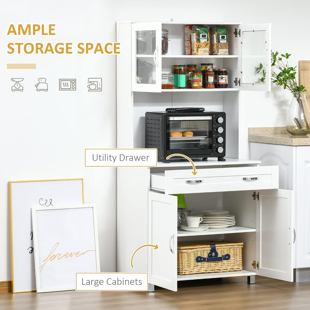 HOMCOM 67' Pantry Cabinet, Modern Kitchen Hutch, Freestanding Storage Cabinet with Glass Doors, Adjustable Shelves and Drawers for Home, Dining Room, Living Room, White