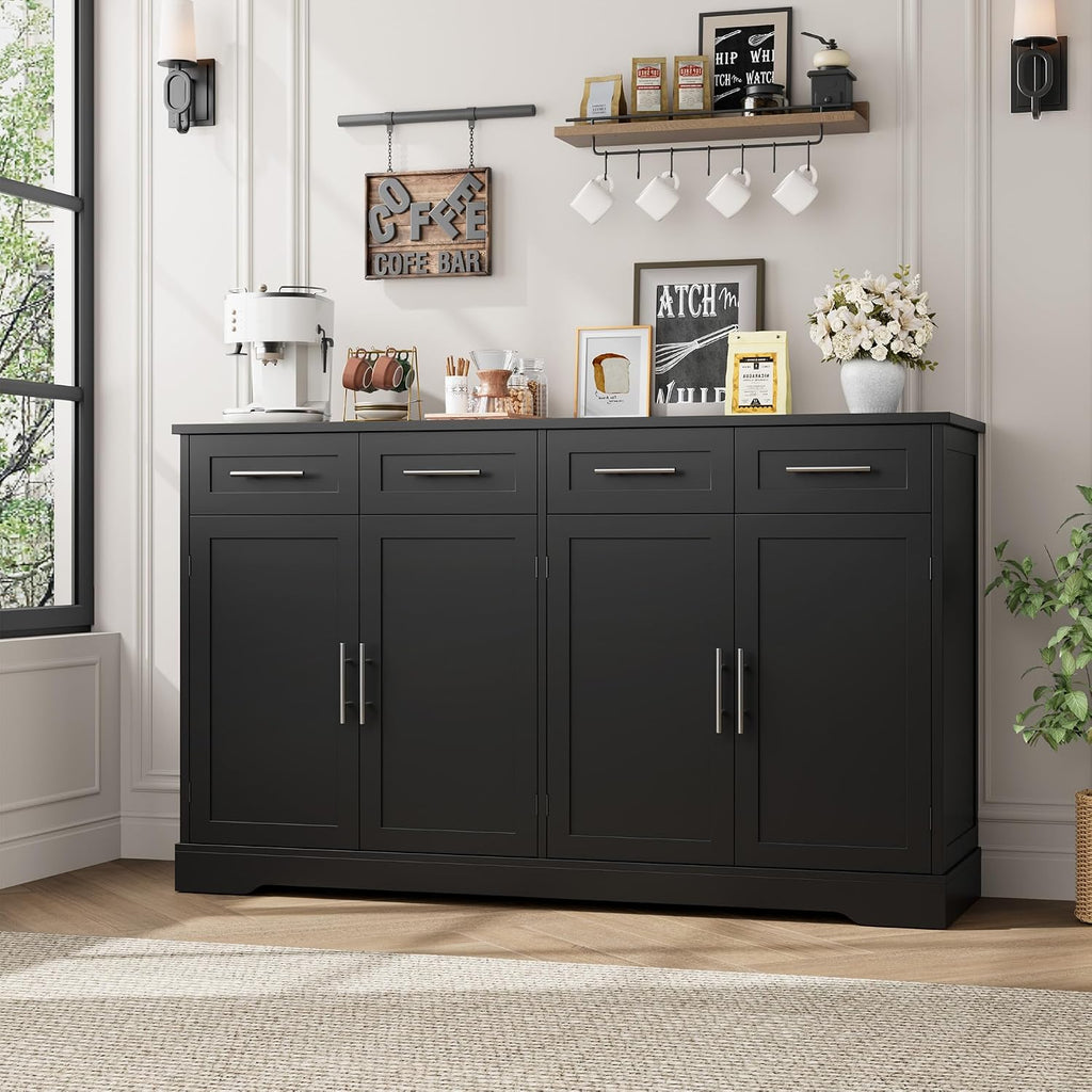 HOSTACK 60' Large Buffet Sideboard with Storage, 36' Tall Kitchen Buffet Storage Cabinet with 4 Drawer, Modern Coffee Bar Cabinet with Silver Handle, Long Sideboard Buffet Table for Kitchen, Black