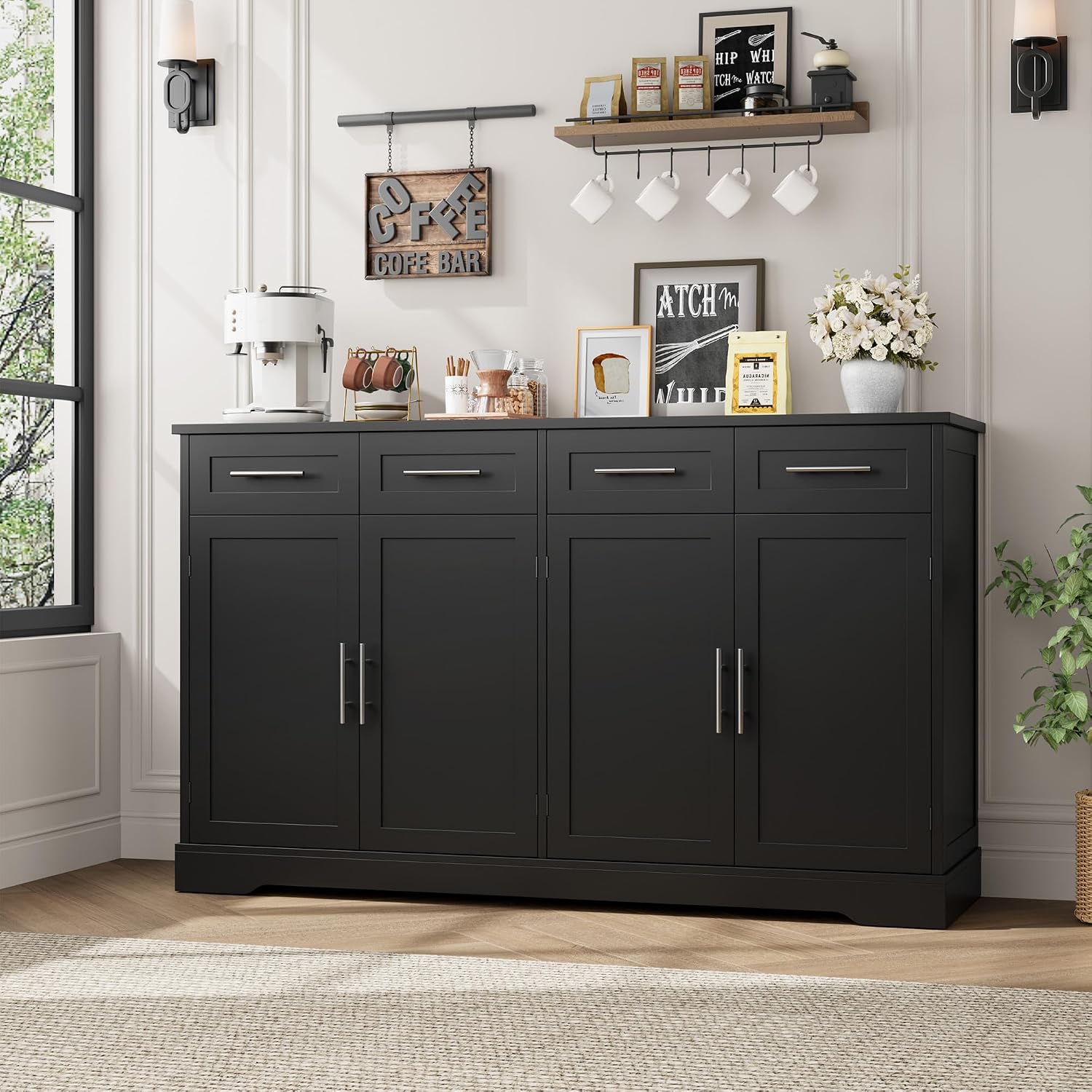 HOSTACK 60' Large Buffet Sideboard with Storage, 36' Tall Kitchen Buffet Storage Cabinet with 4 Drawer, Modern Coffee Bar Cabinet with Silver Handle, Long Sideboard Buffet Table for Kitchen, Black