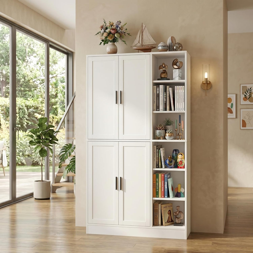 holzart 63' Tall Kitchen Pantry Cabinet, Freestanding Dining Room Storage Hutch with 4 Doors and Adjustable Shelves, Modern Utility Cupboard for Coffee Bar and Microwave, White