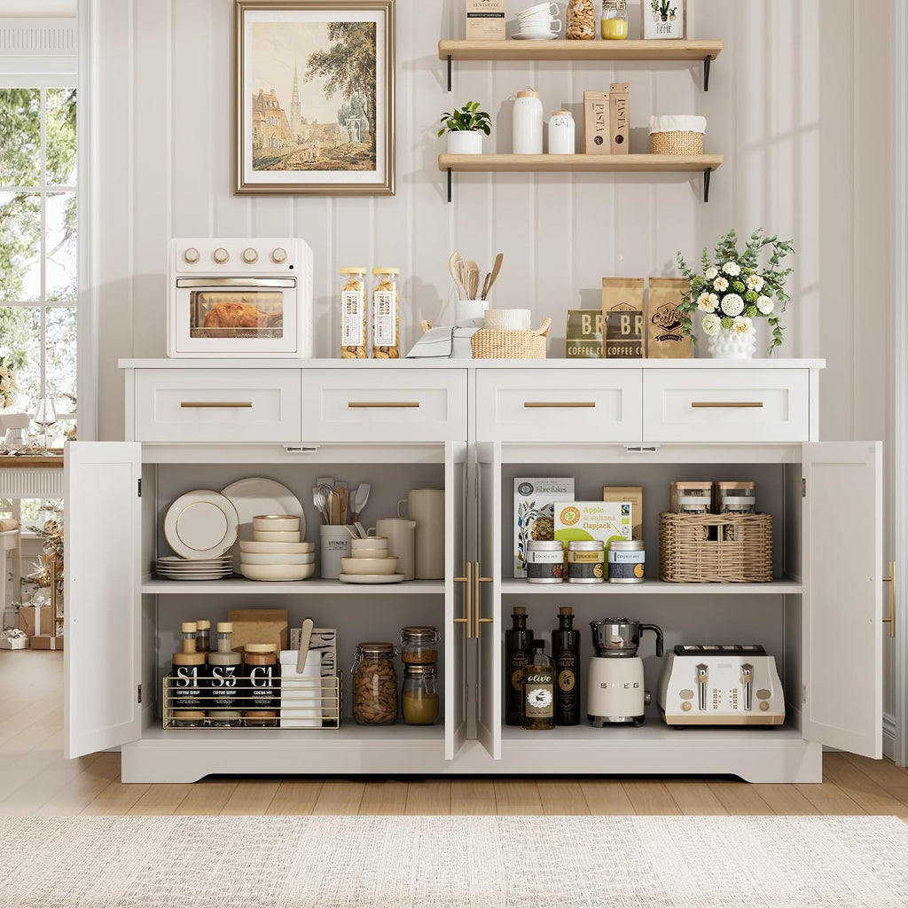HOSTACK 60' Large Buffet Sideboard with Storage, 36' Tall Kitchen Buffet Storage Cabinet with 4 Drawers, Modern Coffee Bar Cabinet with Gold Handles, Long Sideboard Buffet Table for Kichen, White