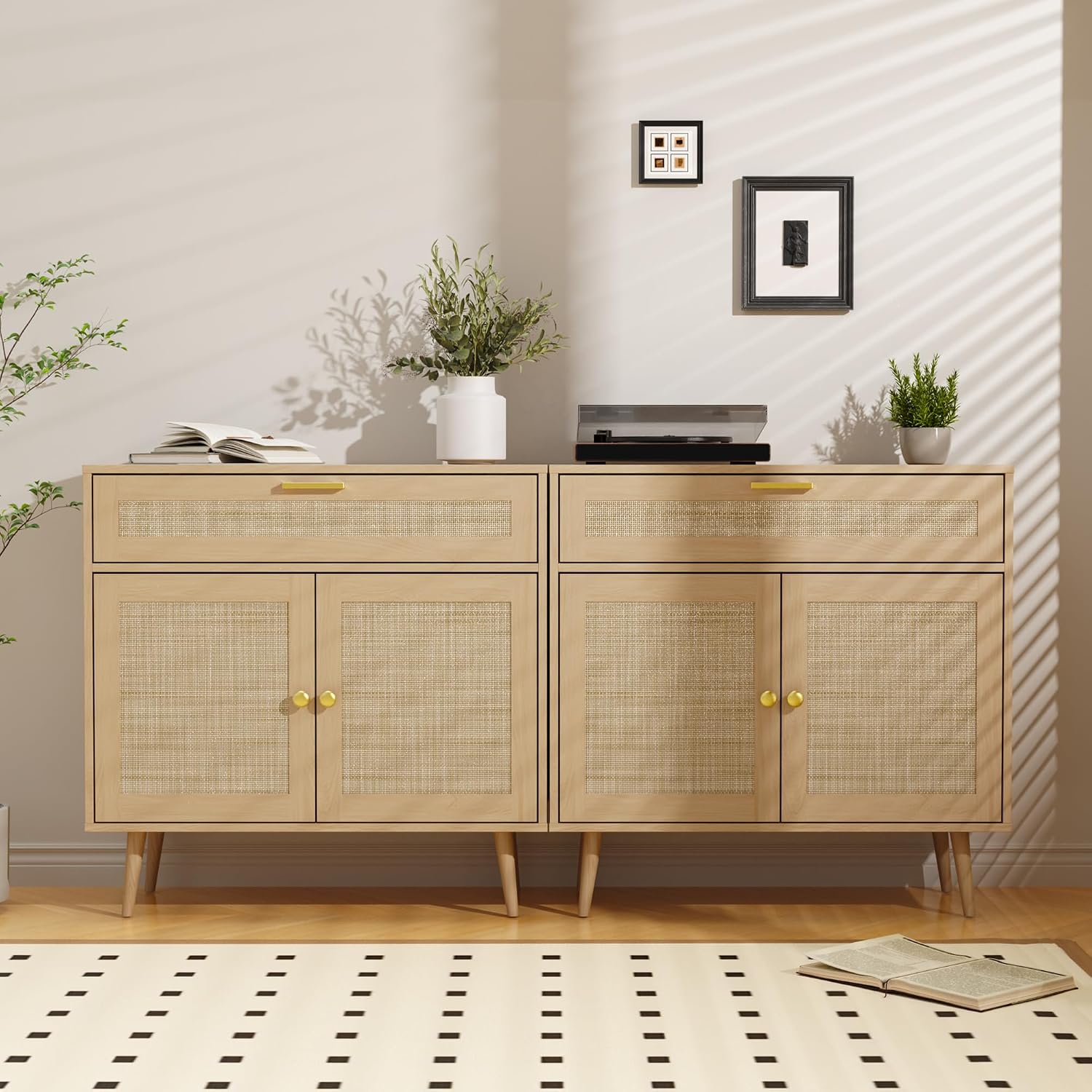 Furnify Rattan Sideboard Buffet Set of 2, Boho Kitchen Cabinet with Drawer & 2 Doors, Modern Mid Century Accent Cabinet with Adjustable Shelf, Coffee Bar for Living Room, Entryway, Kitchen, Oak