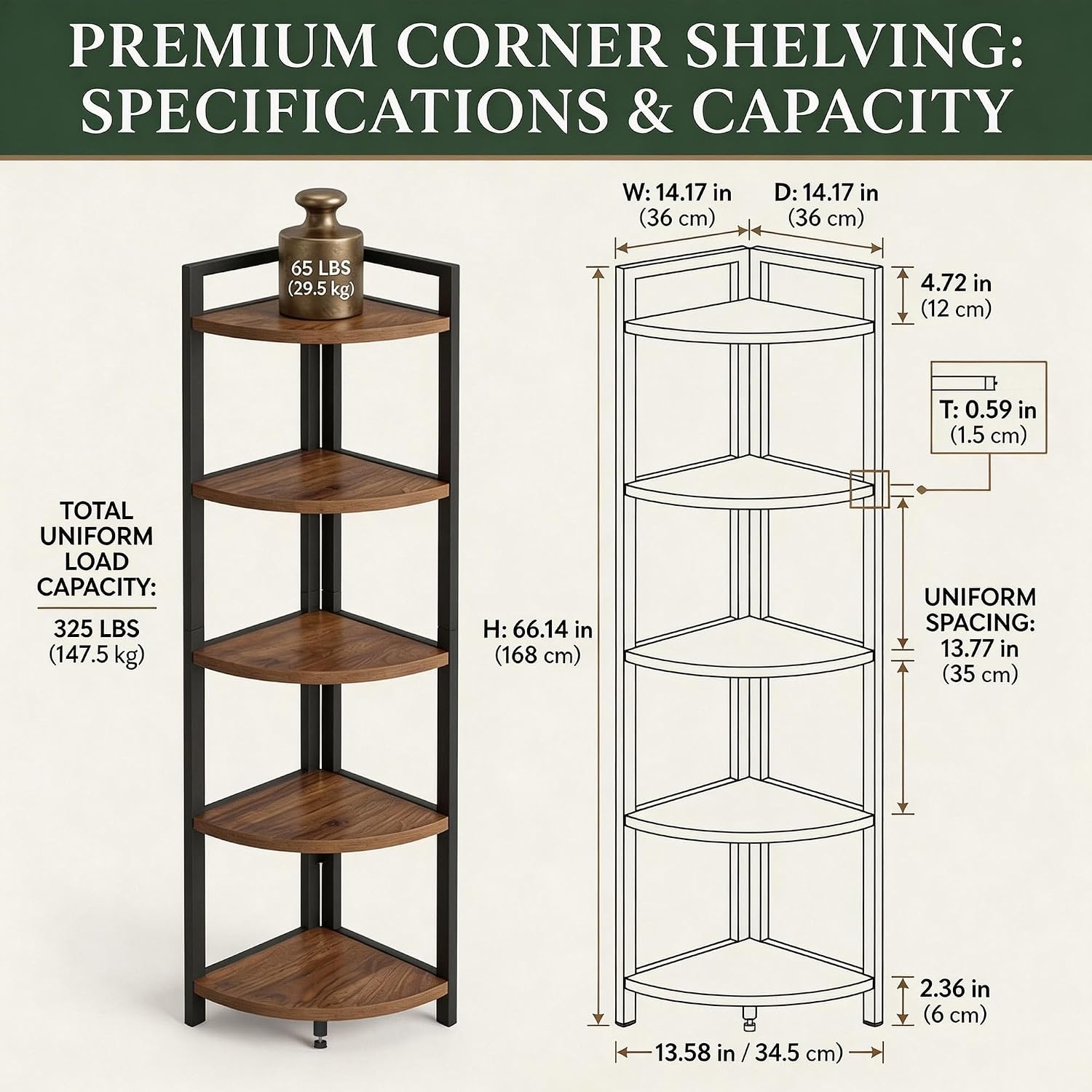 FATORRI Tall Corner Shelf, Industrial Corner Bookshelf, Wood and Metal Corner Shelf Stand for Living Room, Rustic Display Plant Stand for Home Office (Medium Walnut)