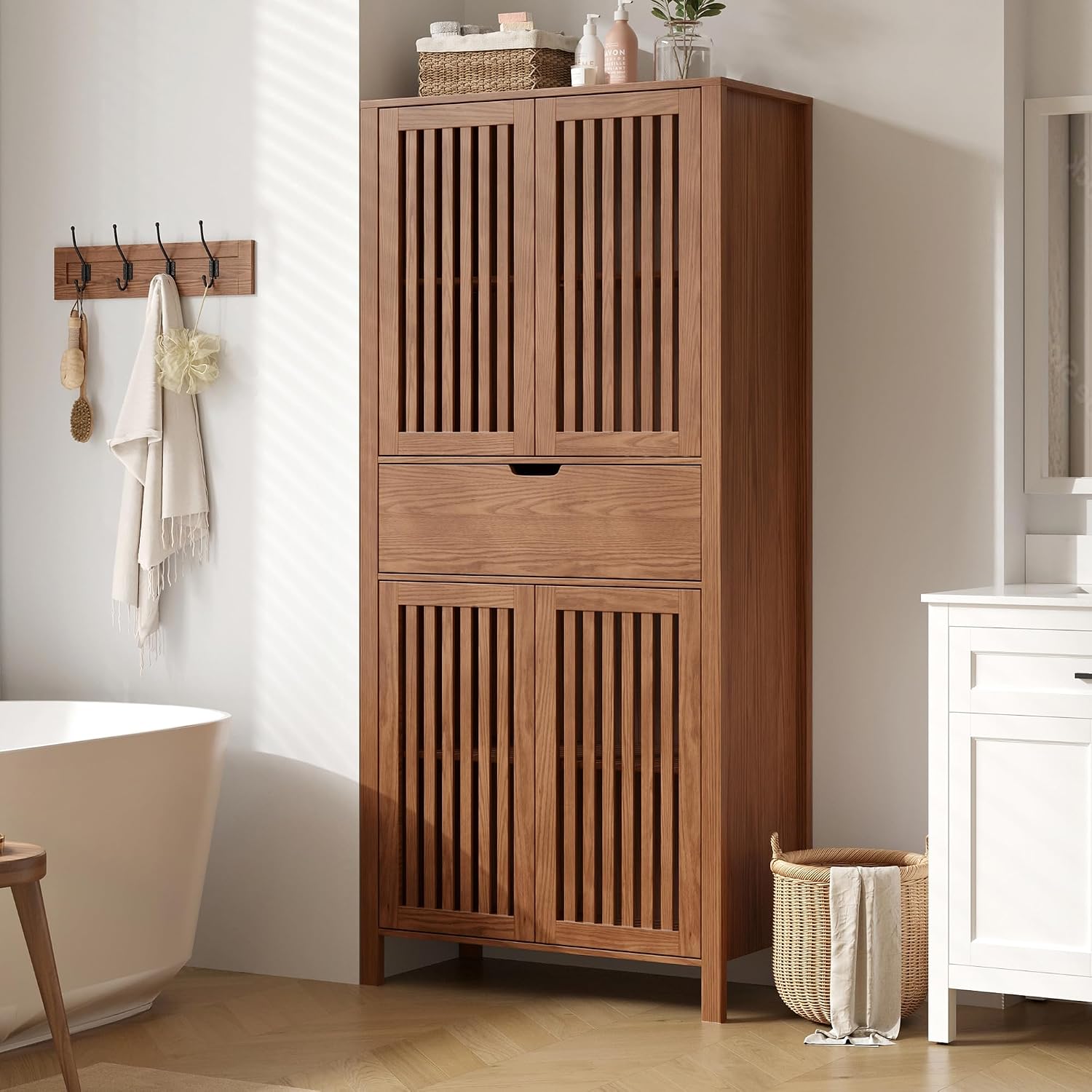 BVIUNTWO 69' Tall Farmhouse Storage Cabinet with Drawer & Adjustable Shelves, Grille Door Organizer Unit, Anti-Tip Design for Bathroom, Kitchen, Living Room, Rustic Brown