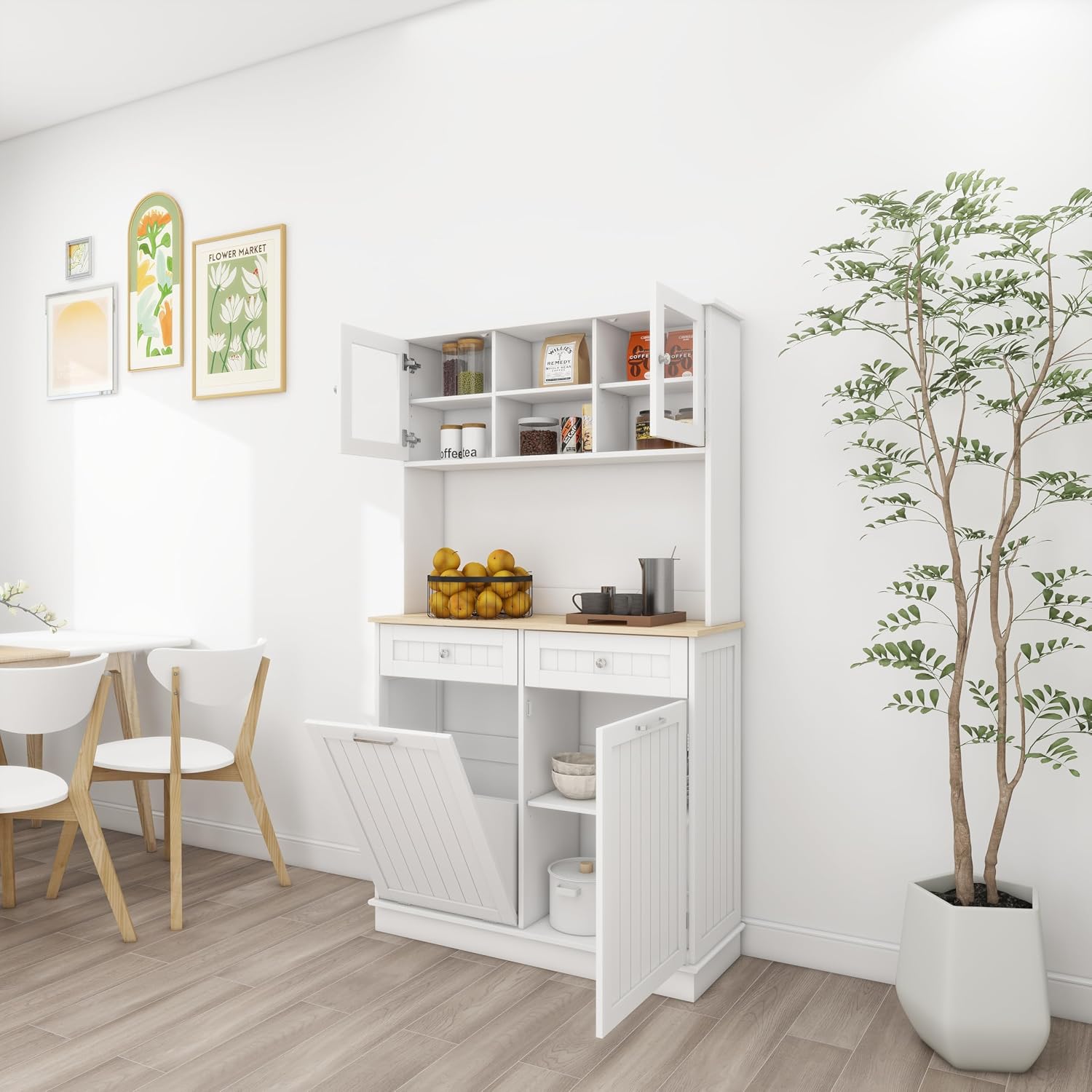 68' Tilt-Out Trash Freestanding Storage Cabinet, Kitchen Storage Bakers Rack with 3 Shelves, Utility Food Cupboard for Home/Kitchen, White