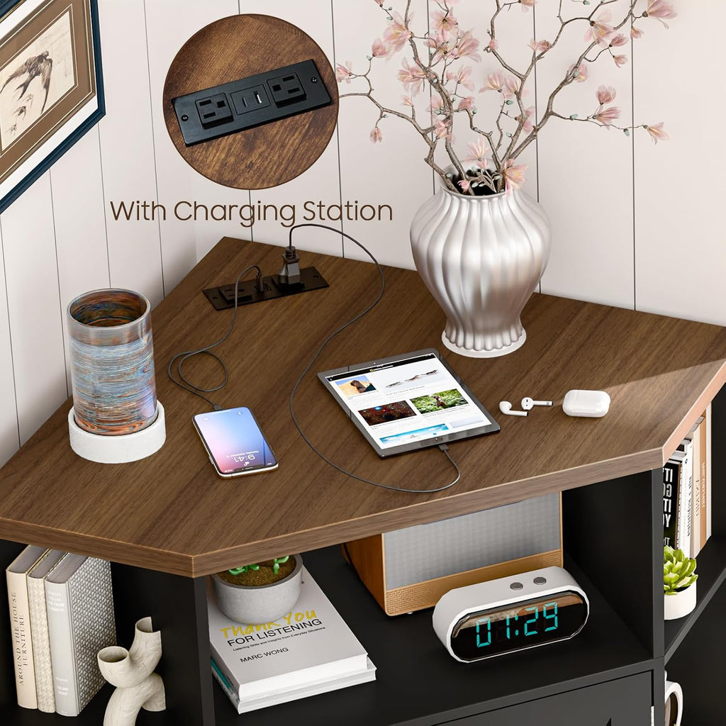 Vabches Corner Cabinet, Corner Storage Shelf with USB Ports and Outlets Industrial Organizer for Small Space Wooden 6-Cubby Bookshelf for Study, Playroom, Living Room (Black and Brown)