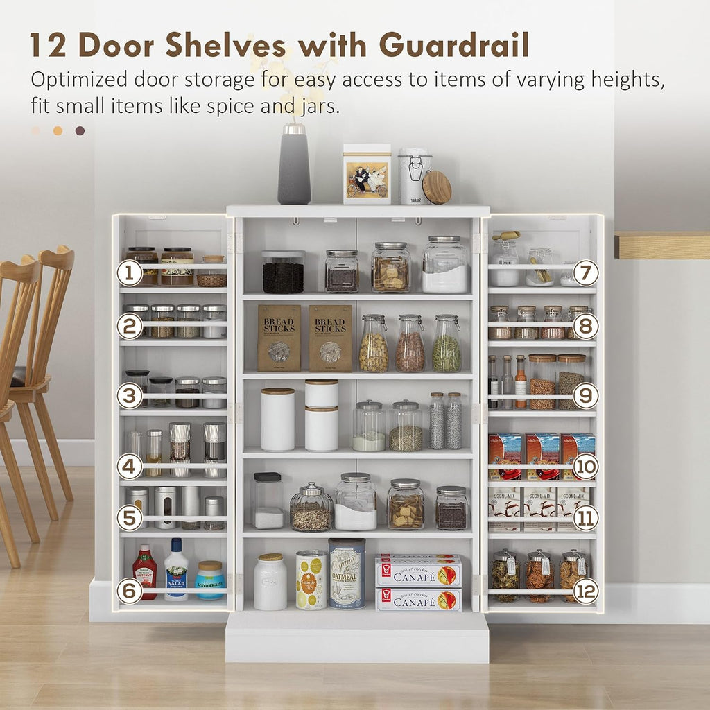 HOMCOM 41' Kitchen Pantry Storage Cabinet, Freestanding Kitchen Cabinet with 12 Door Shelves, Double Doors, 5-Tier Shelving and Adjustable Shelves, Painted White