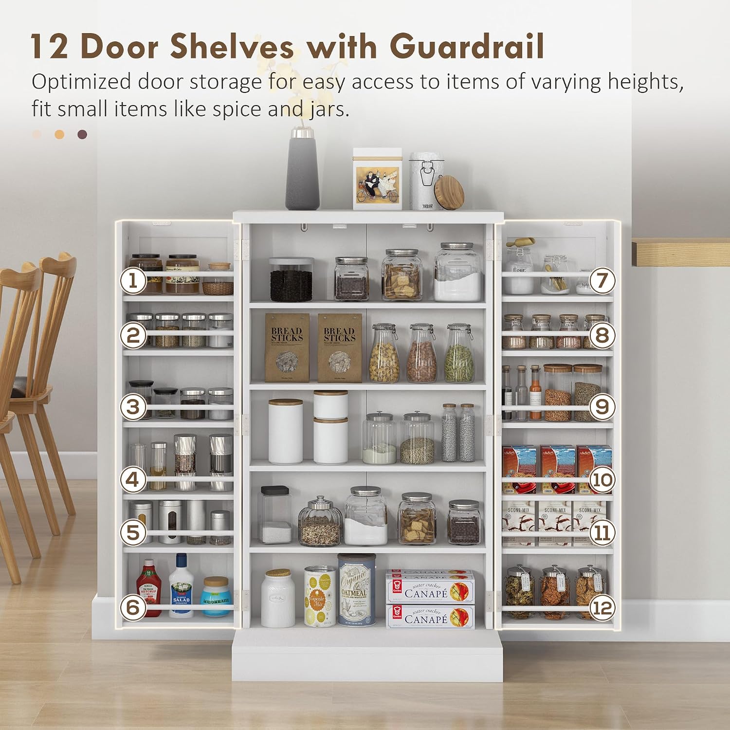 HOMCOM 41' Kitchen Pantry Storage Cabinet, Freestanding Kitchen Cabinet with 12 Door Shelves, Double Doors, 5-Tier Shelving and Adjustable Shelves, Painted White