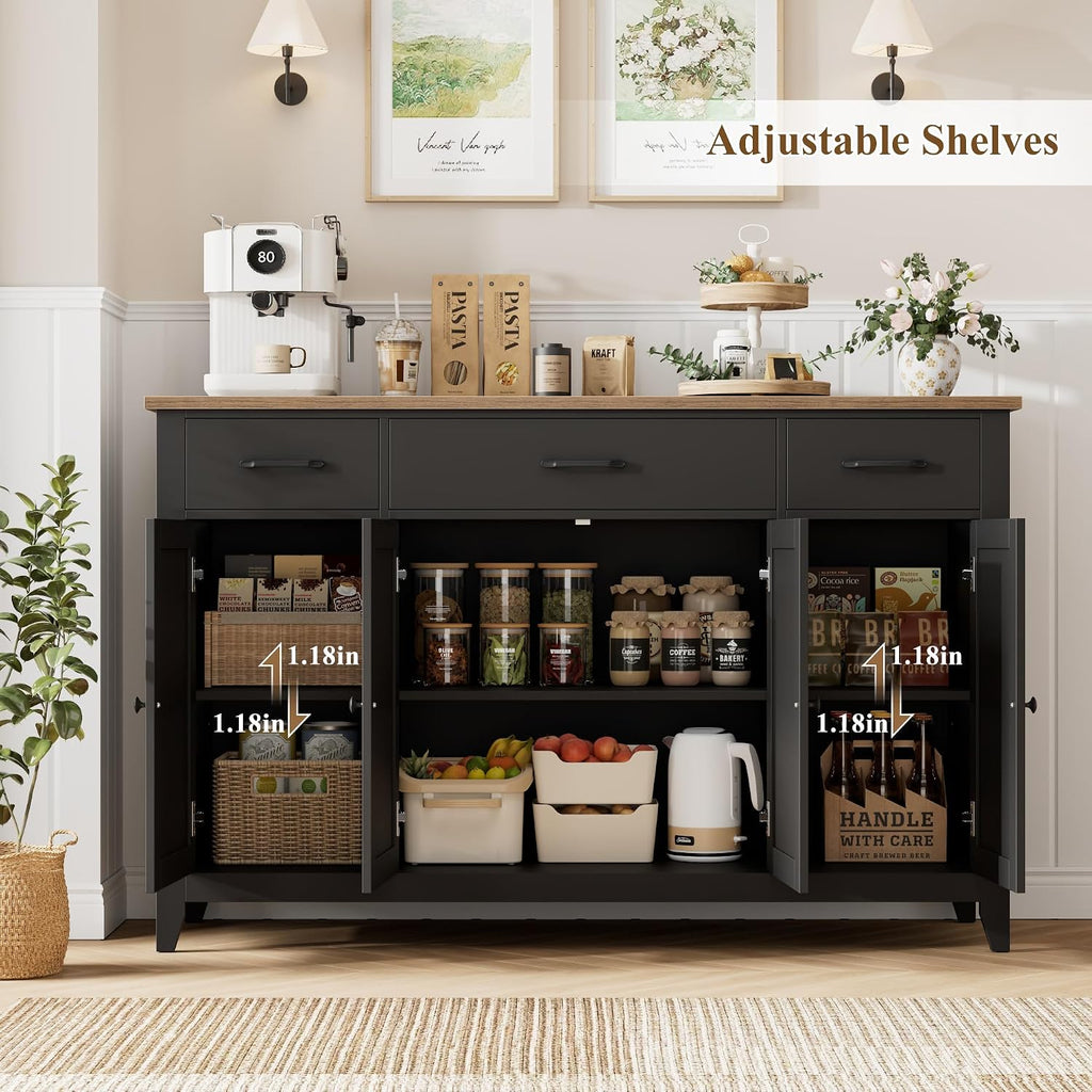 HORSTORS 55' Buffet Cabinet, Modern Farmhouse Sideboard Buffet with Drawers, Large Kitchen Storage Cabinet with Adjustable Shelves, Wood Coffee Bar for Kitchen, Dining Room, Living Room, Black