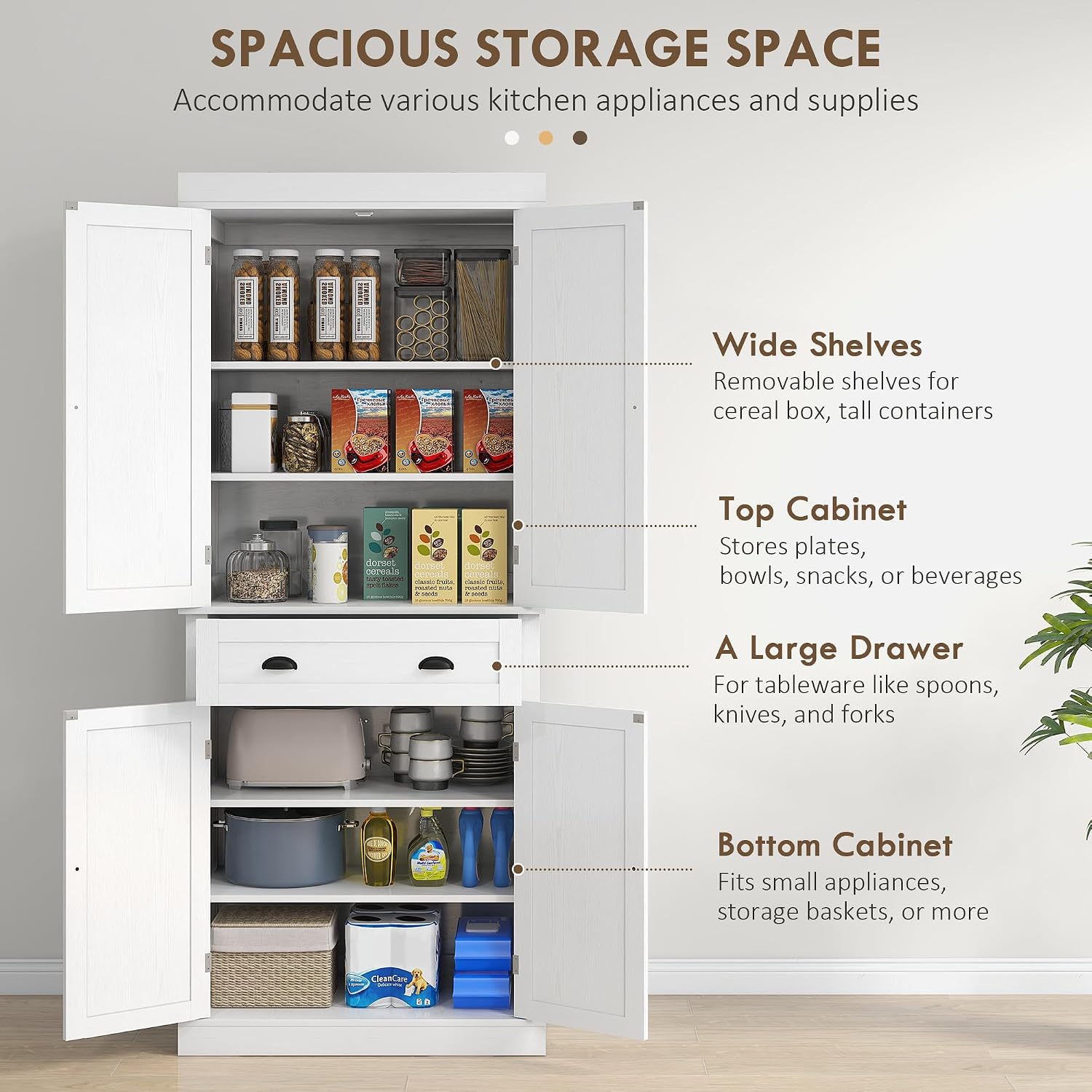 HOMCOM 72.5' Kitchen Pantry Cabinet, Traditional Freestanding Storage Cabinet with 4 Doors, Drawer and 3 Adjustable Shelves for Dining Room, White Wood Grain