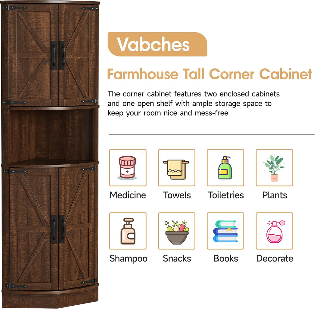 Vabches 64.8' Tall Farmhouse Corner Cabinet with 4 Doors and 5 Storage Shelves, Farmhouse Storage Cabinet with Barn Door Design, Home Space Saver for Living Room, Kitchen, Laundry Room,Brown