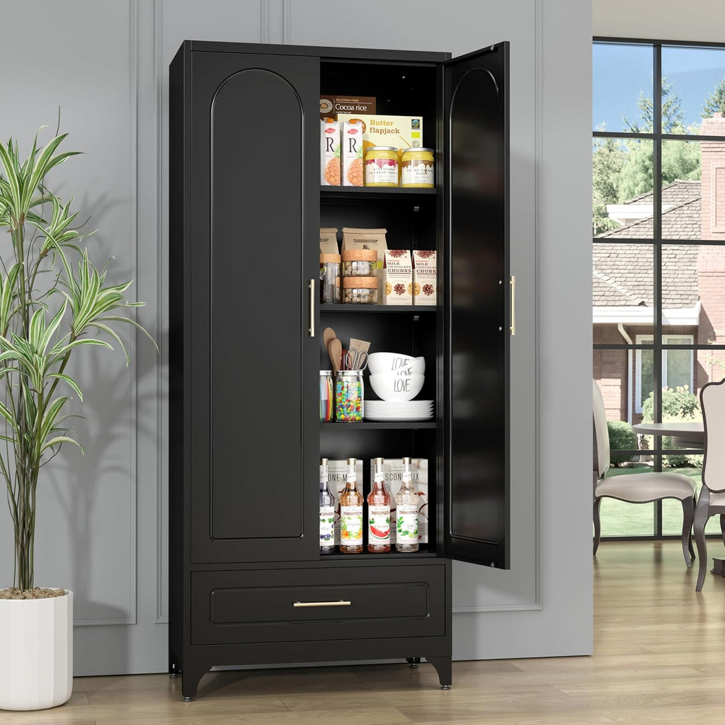 SteeLoong Metal Storage Cabinet with Drawers,75Inch Black Pantry Cabinets for Kitchen Storage with 3 Adjustable Shelves,Tall Kitchen Pantry Cabinet for Living Room, Dining Room，Office