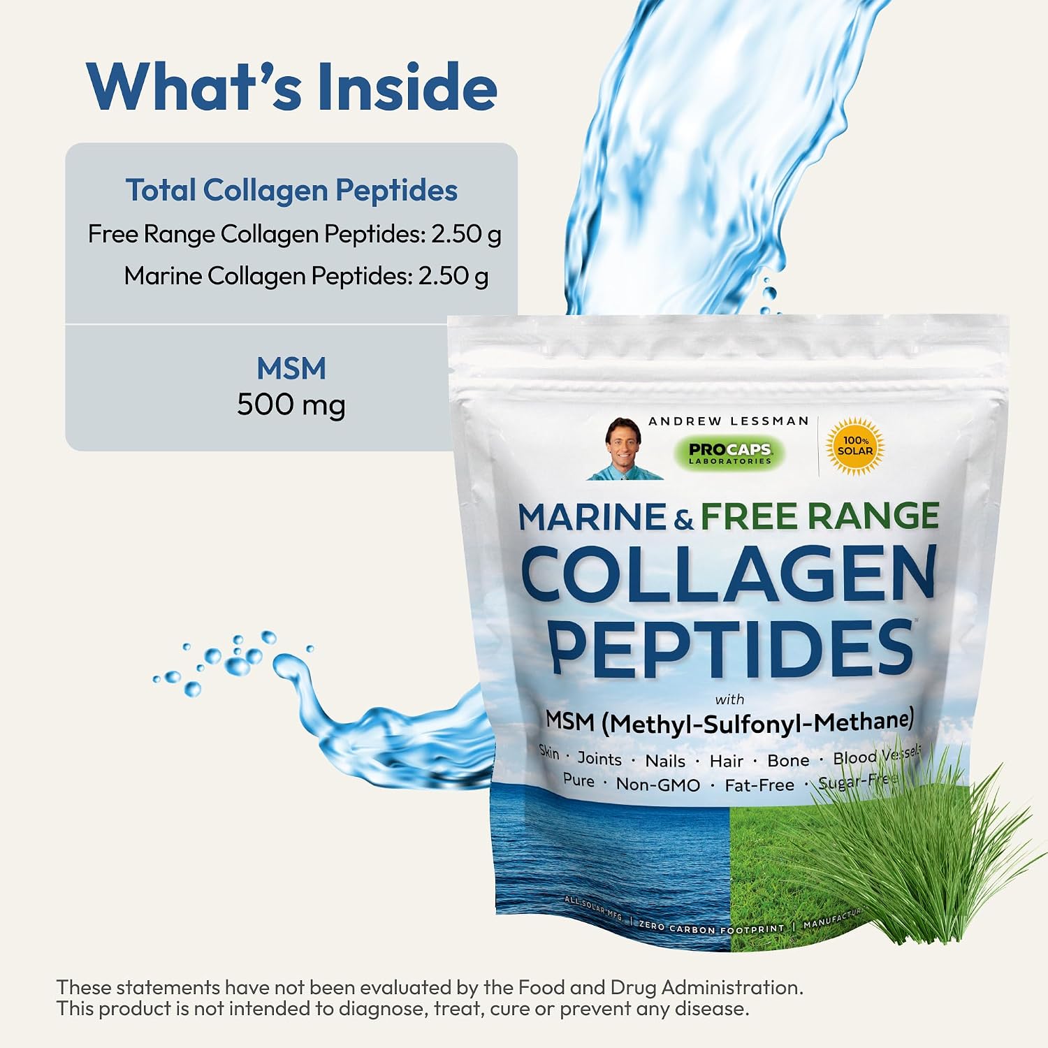 ANDREW LESSMAN Marine, Free Range Collagen Peptides Powder and MSM 240 Servings - Supports Radiant Smooth Soft Skin, Comfortable Joints. Super Soluble No Fishy Flavor No Additives Non-GMO