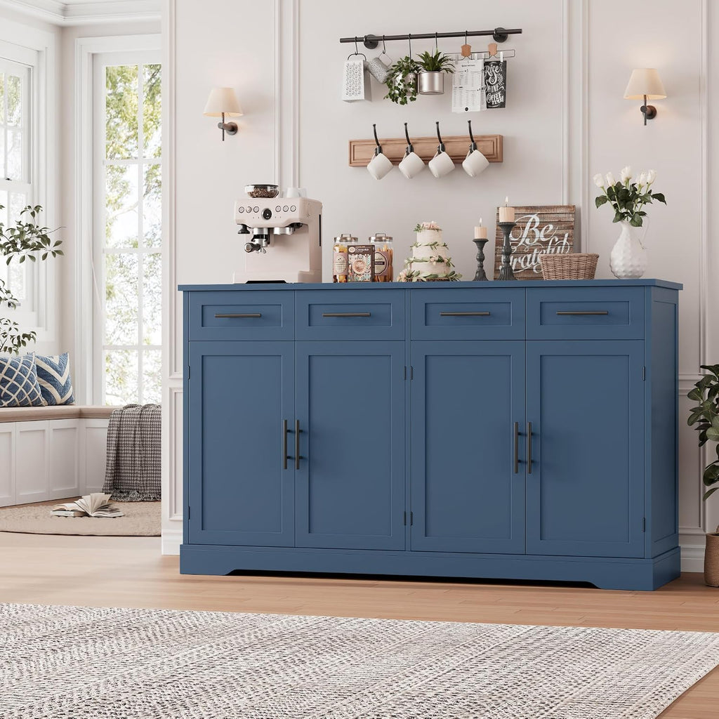 HOSTACK 60' Large Buffet Sideboard with Storage, 36' Tall Kitchen Buffet Storage Cabinet with 4 Drawers, Modern Coffee Bar Cabinet with Black Handles, Long Sideboard Buffet Table for Kichen, Blue
