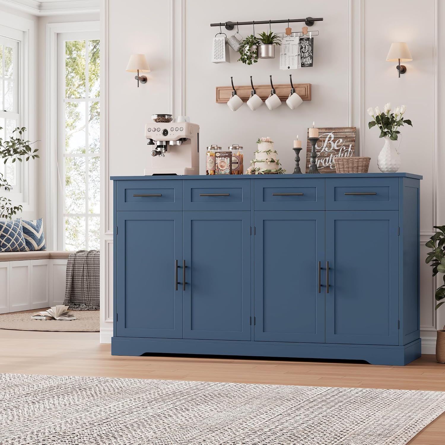 HOSTACK 60' Large Buffet Sideboard with Storage, 36' Tall Kitchen Buffet Storage Cabinet with 4 Drawers, Modern Coffee Bar Cabinet with Black Handles, Long Sideboard Buffet Table for Kichen, Blue