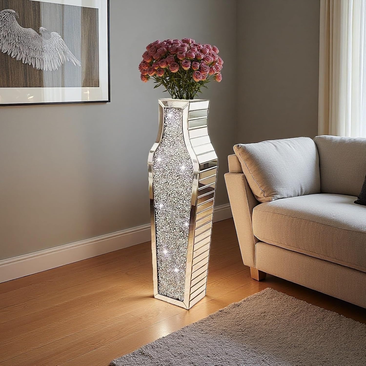 30' Large Double Sided Crushed Diamond Floor Vases,Tall Silver Mirrored Crystal Vase for Floor,Big Floor Vases Decorative Tall for Home,Office,Hotel(Silver,8.6' L x 5.3' W x 30' H)