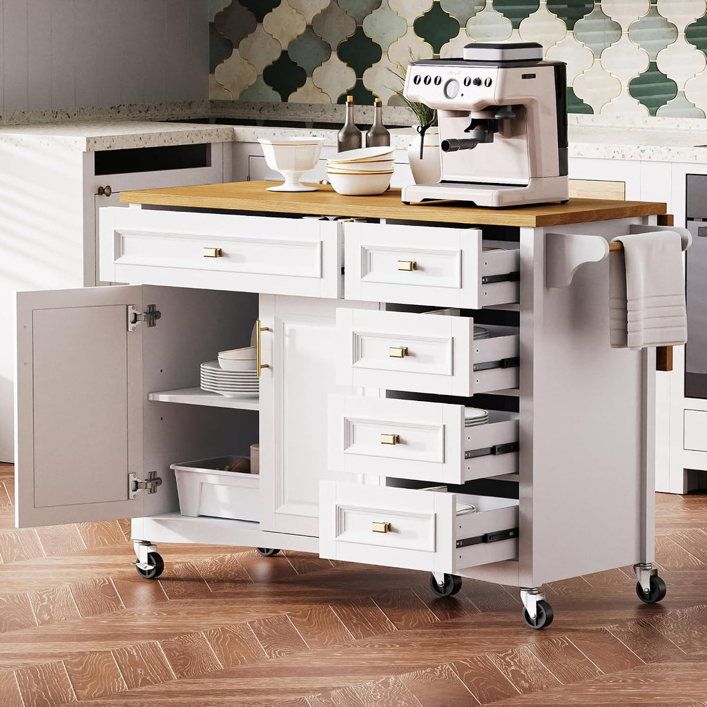 52' Kitchen Island Cart with Drop Leaf, Embossed Texture Kitchen Storage on Wheels with Spice Rack, Towel Rack, 5 Drawers, 2 Doors, Adjustable Shelf for Kitchen, Dining Room White