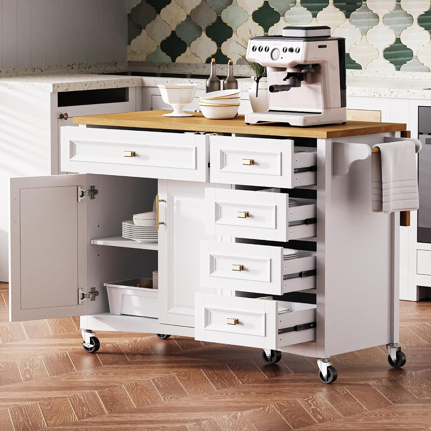 52' Kitchen Island Cart with Drop Leaf, Embossed Texture Kitchen Storage on Wheels with Spice Rack, Towel Rack, 5 Drawers, 2 Doors, Adjustable Shelf for Kitchen, Dining Room White