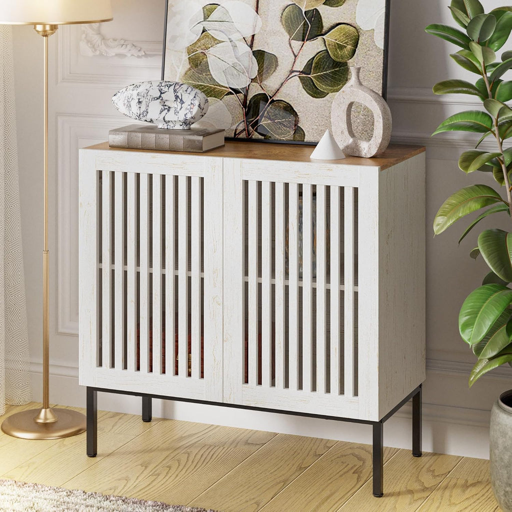 BVIUNTWO 31.5' Farmhouse Buffet Cabinet with Metal Base, Adjustable Shelf & 2 Doors, Antique White Storage Sideboard for Kitchen, Dining & Living Room