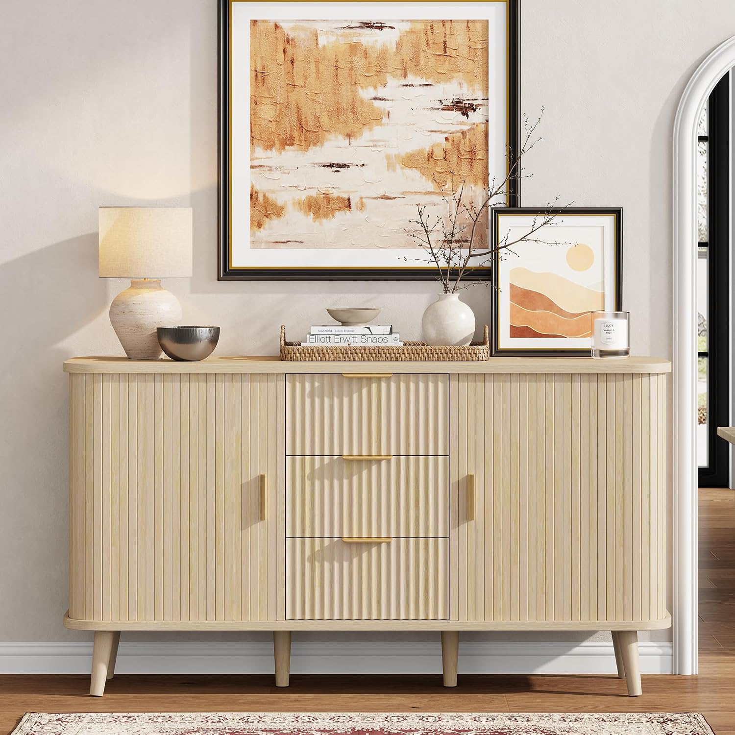 Lulive Natrual Buffet Cabinet, 55' Wide Sideboard Buffet Storage Cabinet with Rolling & Sliding Doors, Modern Bar Cabinet for Kitchen & Dining Room