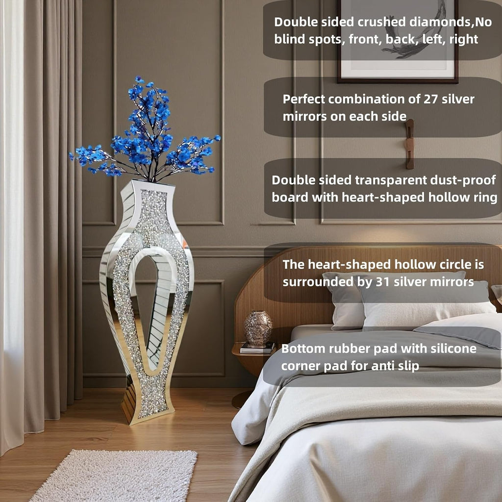 30'' Large Double Sided Crushed Diamond Vase, Tall Mirrored Sliver Vases for Floor,Decorative Vase with High-end Hollow Out Design for Home,Office,Hotel (11.8' L x 5.37' W x 30' H)