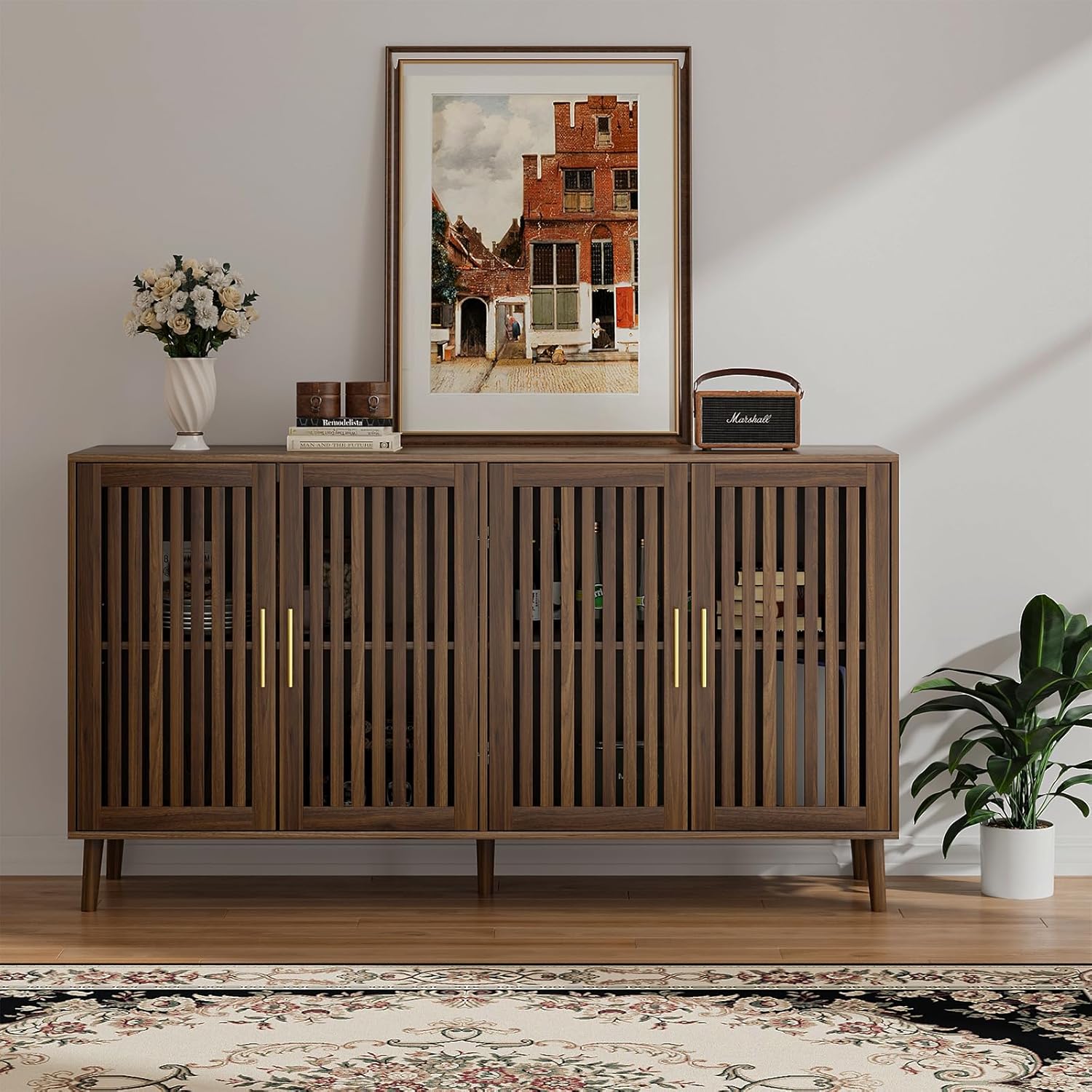 Buffet Cabinet with Storage, 63' Walnut Sideboard with Grille Doors&Adjustable Shelf, Wood Coffee Bar Storage Cabinet for Kitchen Living Room Entryway