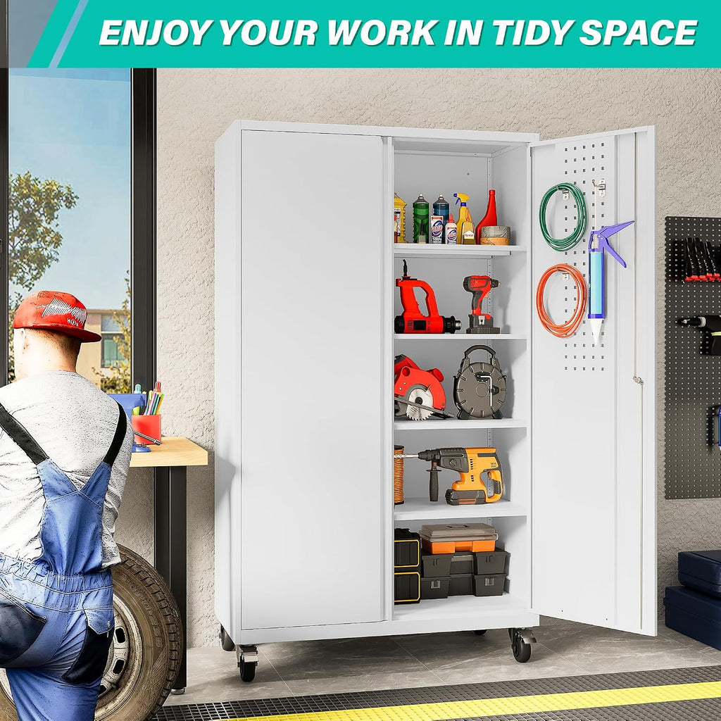 SISESOL Wide & Deep Metal Storage Cabinet with Wheels,Tall Rolling Garage Storage Cabinet with Lock,White Metal Cabinets with Pegboards and Shelves,Tool Locker for Garage,Home,Office,43''Wx 20''Dx71'H