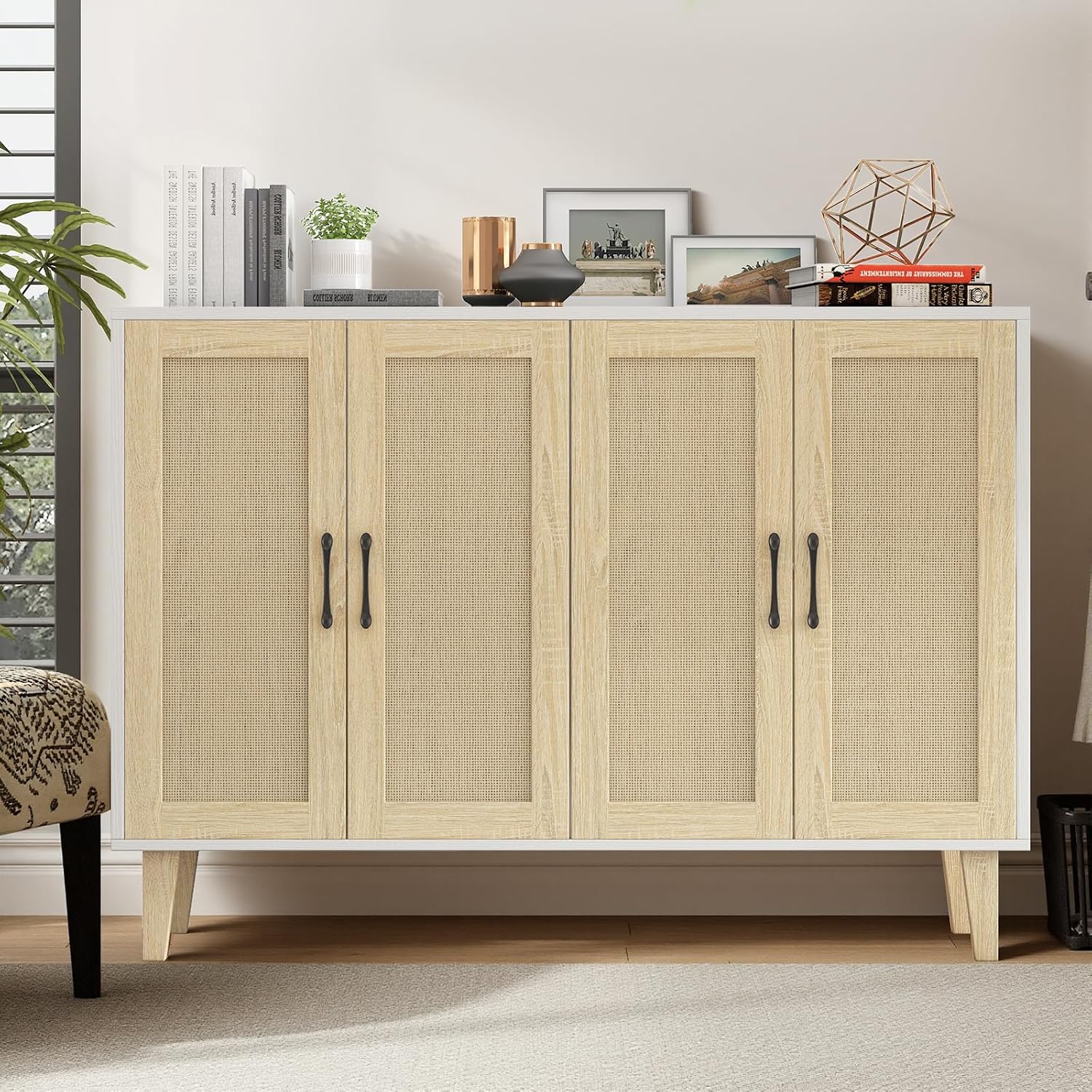 Panana Buffet Storage Cabinet with Rattan Decorating 4 Doors Living Room Kitchen Sideboard 48.43 x 34.65 x 15 inch (White)
