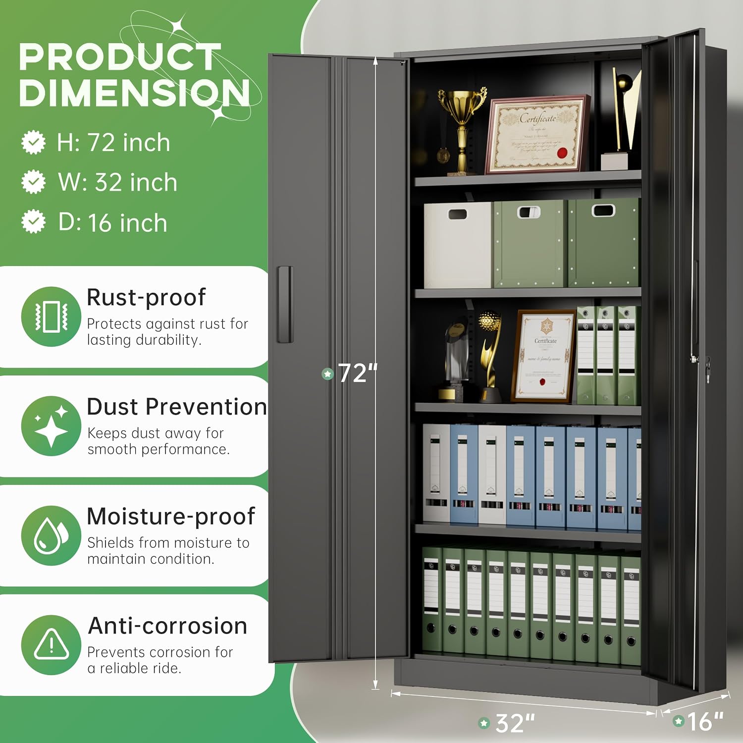 INTERGREAT Metal Storage Cabinet with Lock, 72' H Lockable Metal Storage Cabinet with Locking Doors, Steel Storage Lockers with Adjustable Shelves for Office, Home, Garage, Gym, School (Black)